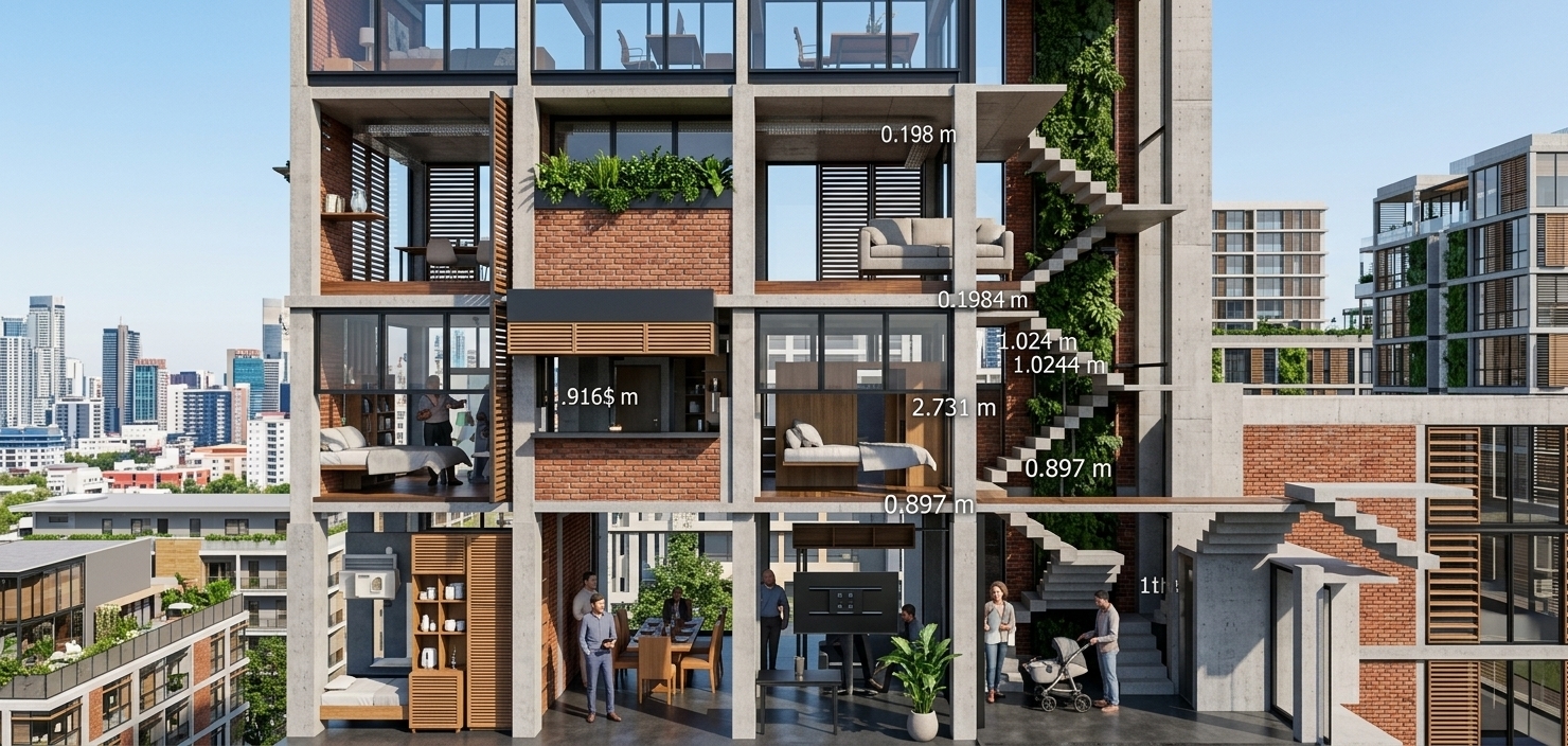 An incredibly lifelike, richly detailed, photorealistic cross-sectional architectural photo of a sophisticated, sustainable 4-story building set in a vibrant contemporary urban district. The scene is illuminated by bright, direct midday sunlight that floods the interior volumes through expansive glass facades and open-air voids, creating a dynamic, airy, and high-energy atmosphere. Captured with a professional 24mm tilt-shift lens, emphasizing the crisp vertical structural lines, the warm grain of natural timber louvers, raw concrete pillars, and rich, textured red brick walls.

This architectural marvel exemplifies a cyber-eclectic fusion, seamlessly blending high-tech bioclimatic features with warm, tactile materials. The ground level serves as a cutting-edge exhibition space and social hub with polished concrete floors, sleek black metallic framing, and a dramatic floating steel staircase. Ascending through the levels, the building reveals private living quarters and study lofts adorned with minimalist furniture and smart, automated wooden shading screens that adjust to the midday sun. Lush vertical gardens and integrated planter boxes overflow with vibrant green foliage on the intermediate terraces, acting as natural air-filtration systems. On the upper floors, double-glazed glass pavilions offer stunning views of the surrounding cityscape, while the structural design promotes natural cross-ventilation, showcasing a perfect harmony between modern luxury, technological innovation, and ecological sensitivity.