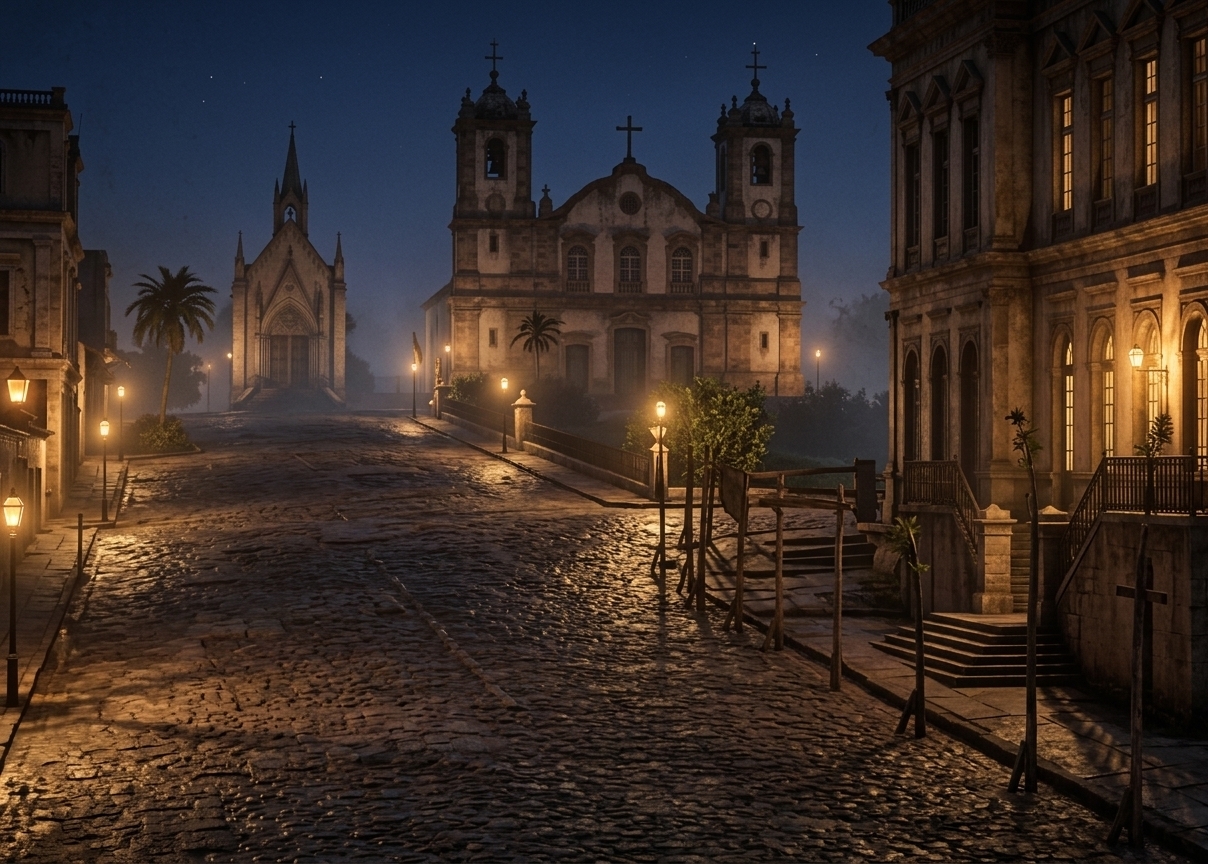 An incredibly lifelike, richly detailed, photorealistic wide-angle urban photo of a historic Brazilian city street from 1900, set in a serene environment resembling a Mediterranean retreat reimagined as an outdoor exhibition space. The scene is captured at night, offering a dramatic night view illuminated solely by the warm, flickering amber light of vintage gas lampposts, creating a nostalgic, mysterious, and deeply atmospheric mood. Captured with a historical-style large-format camera, emphasizing the rugged, uneven textures of the wet cobblestone pavement, the long dancing shadows on the uphill road, and the weathered stone facades of the majestic twin-towered church and adjacent neo-gothic chapel standing proudly against the twilight sky.