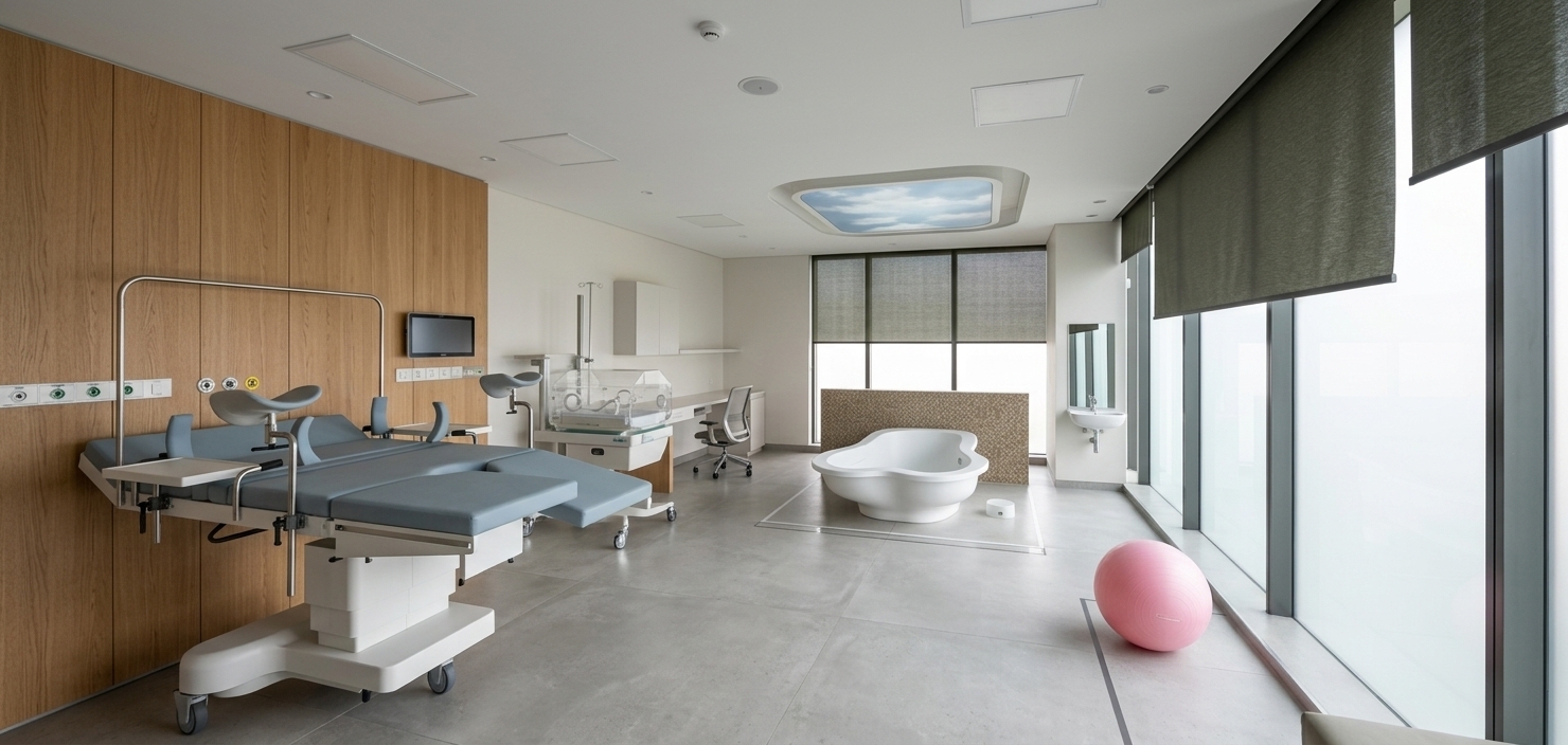 An incredibly lifelike, richly detailed, photorealistic wide-angle interior perspective shot of a state-of-the-art modern labor and delivery suite designed as a minimalist wellness haven, set in a luxury healthcare facility. The scene is illuminated by soft, diffused midday light streaming through expansive floor-to-ceiling windows, complemented by a calm, simulated sky ceiling panel, creating a serene, reassuring, and deeply calming atmosphere. Captured with a 24mm wide-angle lens, emphasizing the natural grain of the warm oak wall paneling, the pristine matte finish of the medical surfaces, and the organic curves of the deep-soaking birthing tub.

This clutter-free room beautifully balances medical functionality with the elegant, zen-inspired design of a high-end boutique hotel. On the left, a state-of-the-art white birthing bed with soft blue cushions is positioned against a vertical wood-paneled feature wall, which neatly integrates essential medical connections. Near the rear, a sleek, modern neonatal warming crib and a minimalist workstation sit in quiet readiness. The center of the suite features a sculptural, clover-shaped soaking tub with smooth white surfaces, showcased against a textured, earthy mosaic-tiled partition wall. Light grey flooring grounds the space, leading the eye toward the towering glass walls dressed with dark olive-grey roller shades. A single vibrant pink exercise ball on a black mat adds a gentle, playful pastel accent to the sophisticated, monochromatic color scheme of whites, warm grays, and soft neutrals.