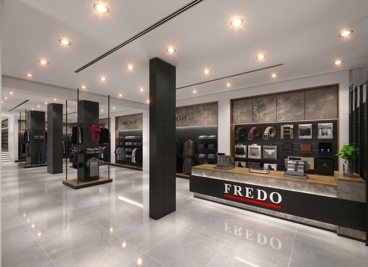 A crisp, photorealistic wide-angle interior photograph of a modern luxury clothing boutique, with the recessed ceiling spotlights glowing intensely to cast brilliant, warm pools of light onto the highly polished grey porcelain floor tiles. Directly behind the wooden cash desk counter labeled with the word FREDO, the black slatted niche is now filled with neatly arranged small accessories, rolled leather belts with subtle metallic glints, and packaged premium underwear displayed on clean, minimalist mounts. The overall composition, camera angle, and refined architectural elements—such as the textured black columns, marble cladding, and overhead cabinetry—are kept completely intact. The lighting introduces realistic bloom and soft lens flares from the overhead lights, highlighting the natural grain of the wood counter, the fibers of the hanging garments, and the glossy floor reflections, captured with a professional camera lens showing subtle depth of field and faint, natural imperfections.