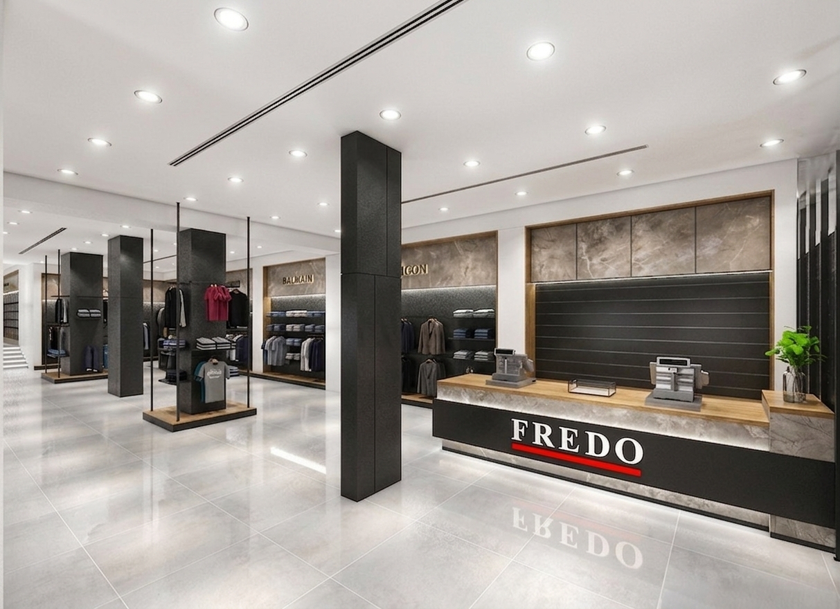 A high-end, professional architectural photograph of a modern clothing store interior, capturing the exact composition and structure of the scene with enhanced, brightened lighting. The numerous recessed ceiling spotlights are illuminated with a clean, brilliant, daylight-balanced glow, casting realistic soft-edged shadows and creating highly detailed, authentic reflections across the polished, light-grey porcelain floor tiles. The prominent black architectural pillars feature a subtle, tactile matte-stone finish that catches the bright overhead light. The wooden countertop of the cash desk displays a realistic satin finish, revealing natural wood grain and minuscule imperfections, while the marble-patterned panels show delicate, organic veining and a honed texture. The garments on the distant racks exhibit natural fabrics, soft folds, and distinct textures like cotton and wool under the brightened interior light. The entire scene is captured with the crisp clarity of a professional wide-angle lens, featuring a deep depth of field, natural light bloom around the brightest light sources, and faint, realistic scuff marks on the reflective floor to ground the image in convincing reality.