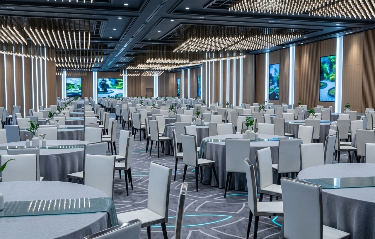 An incredibly lifelike, richly detailed, photorealistic wide-angle interior photo of an expansive "digital zen" coworking and grand event space set in a futuristic corporate pavilion. The scene is illuminated by cool-toned ambient LED downlights, glowing white vertical light pillars, and subtle neon blue accent strips running along the floor patterns, creating a tranquil yet ultra-modern and smart atmosphere. Captured with a professional 24mm tilt-shift lens, emphasizing the sleek, clutter-free textures of white leather-backed seating, polished stainless steel table frames, and the breathtakingly complex geometric brass and glass rod light installations floating below a dark, metallic gridded ceiling. 

This innovative space seamlessly fuses cyberpunk aesthetics with Zen minimalism. Countless circular collaboration stations, each featuring streamlined metal and glass tables topped with simple, single-stem indoor plants in matte white vases, fill the vast hall. The walls are clad in vertical light-toned oak slats interspersed with vibrant digital landscape wall art displaying abstract moving zen gardens. Underfoot, a plush gray carpet with light-gray geometric linework grounds the room, completing this sophisticated, high-tech layout perfect for an avant-garde design and tech photography book.