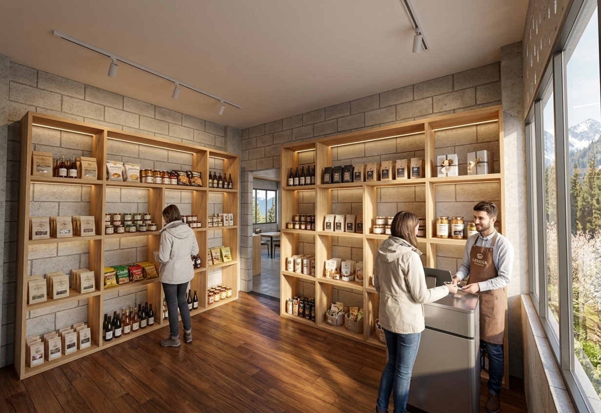 An incredibly lifelike, richly detailed, photorealistic interior shot of a cozy mountain escape coffee shop and convenience store set in a scenic alpine environment during early spring. The scene is illuminated by soft, diffused morning sunlight filtering through expansive clear glass panels, creating a warm, inviting, and bustling atmosphere. Captured with a professional 24mm wide-angle lens, emphasizing the rich textures of the exposed concrete block walls, the polished dark wood parquet flooring, and the natural grain of the custom-built wooden display shelving unit.

In this vibrant, hybrid space, the tall, light oak wooden shelving units are fully stocked with artisanal grocery supplies, local snacks, and premium coffee beans, drawing the attention of patrons browsing the selection. To the right, high-clearance glass walls reveal glimpses of the fresh spring mountain landscape outside, filling the shop with natural light. Near a sleek exterior door, a friendly cashier assists customers at a compact checkout counter. The interplay of cool daylight with warm interior accent lights casts gentle highlights on the wooden surfaces and concrete textures, evoking a welcoming and premium retail experience perfect for a scenic mountain getaway.
