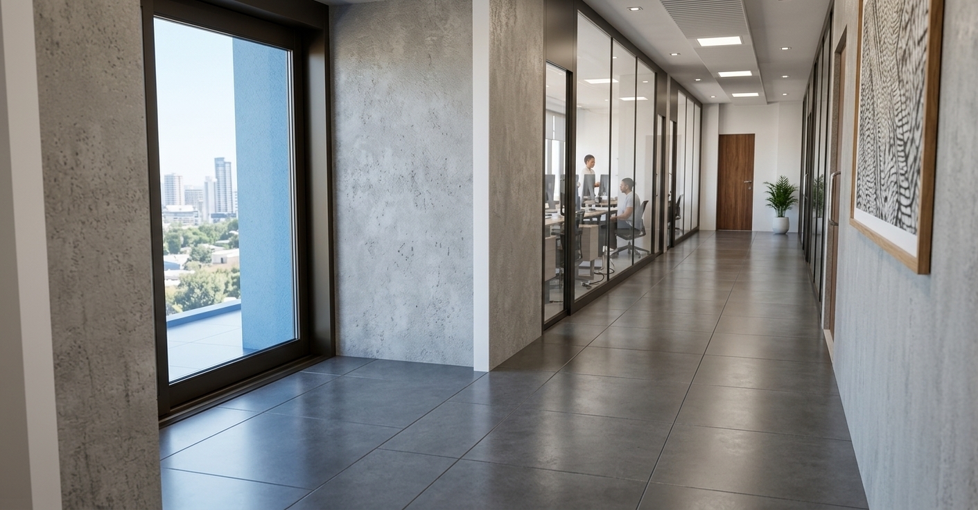 A professionally captured wide-angle architectural photograph of a modern, minimalist engineering office corridor, taken with a 24mm tilt-shift lens to ensure perfectly straight vertical lines. Crisp, bright natural daylight streams in from the large double-glazed sliding door on the left, which is framed in sleek matte-black aluminum, casting soft, elongated shadows onto the floor. The flooring is composed of large-format, light grey polished concrete tiles with a subtle satin sheen and fine-grit texture that catches the light. The walls are a clean, bright matte white with a fine plaster finish, reflecting the airy atmosphere of the space. To the right, high-end soundproof glass partitions with thin black metal frames reveal a productive office interior with light-toned wood veneer workstations and ergonomic chairs. Under the soft, neutral 4000K glow of the linear recessed ceiling lights, a minimalist flush door of light oak veneer with a matte black vertical handle stands at the end of the hallway. Faint, natural imperfections like subtle reflections on the glass, microscopic dust particles in the sunbeams, and gentle lens vignetting at the corners give the scene an authentic, lived-in feel.