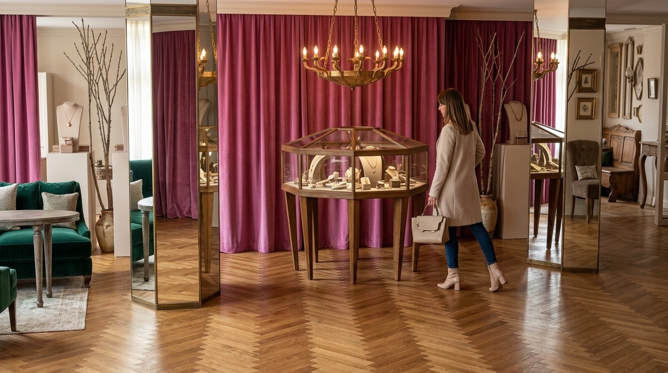 An incredibly lifelike, richly detailed, photorealistic interior photo of an elegant jewelry exhibition space set in a boutique with a touch of French country charm. The scene is illuminated by soft midday light, creating a warm, cozy, and inviting atmosphere. Captured with a professional 35mm lens, emphasizing the rich textures of the polished chevron-patterned hardwood flooring, heavy velvet drapes, and gleaming brass accents. 

In the center of this romantic, provincial-inspired space stands an octagonal vintage wooden and glass showcase under a rustic, ornate gold chandelier. Surrounding the display, dramatic magenta-pink drapery softens the walls, while sleek, mirrored structural columns reflect the warm, lovingly arranged surfaces and vintage-inspired upholstered furniture. To the sides, cozy velvet lounges with plush throw pillows offer a comfortable seating area, complemented by delicate, weathered decorative branches that mimic indoor plants. The cohesive blend of deep jewel tones, warm neutral wall finishes, and polished glass details evokes the sophisticated feel of a curated photography book, bringing a timeless, elegent Provincial allure to this bespoke jewelry salon.