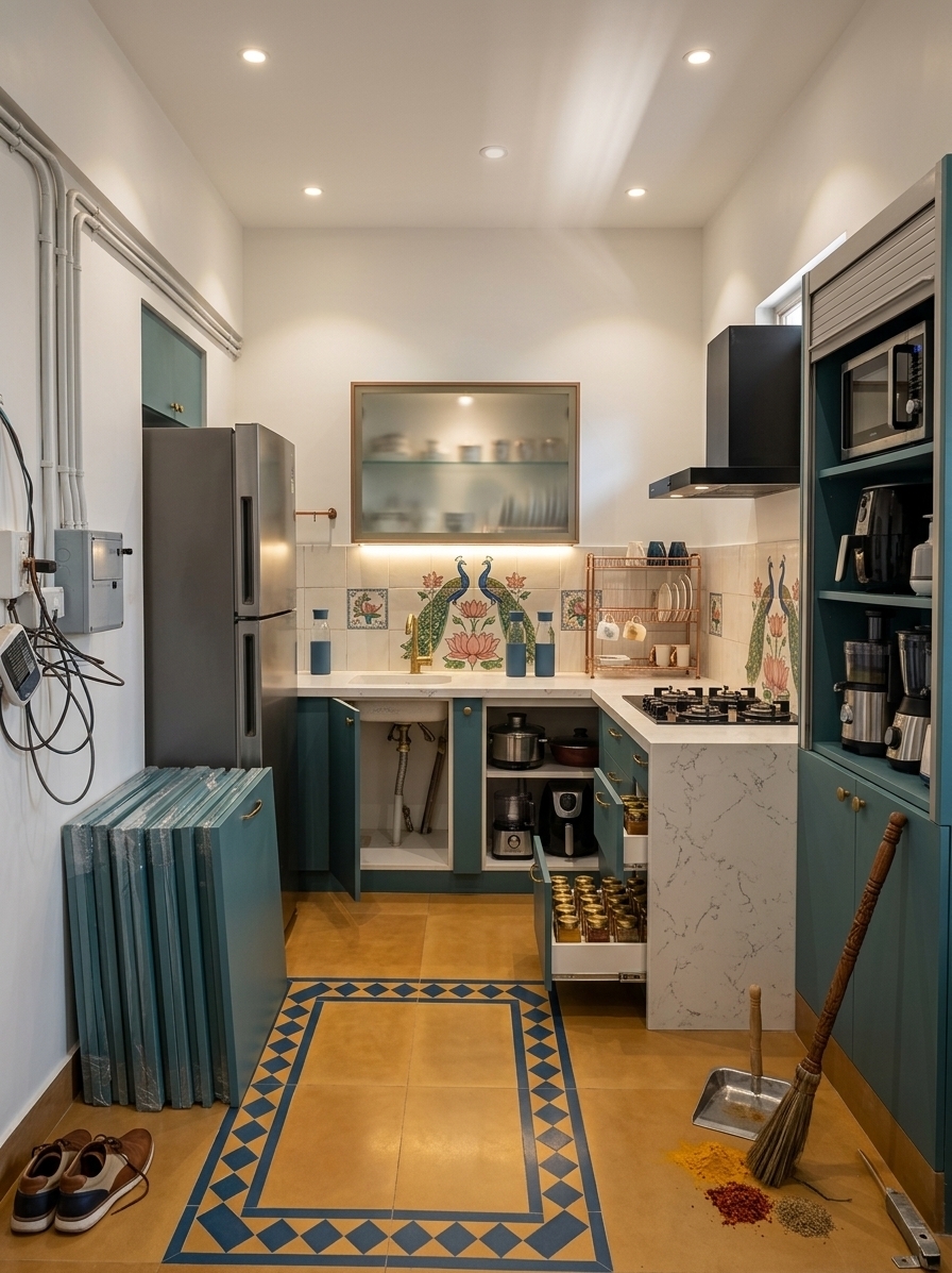 An incredibly lifelike, richly detailed, photorealistic wide-angle interior shot of a fully renovated modern kitchen set in a contemporary Indian apartment. The scene is illuminated by warm recessed LED task lighting, under-cabinet strip lights, and a soft natural morning beam passing through a sleek overhead window, creating an inviting and luxurious atmosphere. Captured with a professional 24mm tilt-shift lens, emphasizing the matte teal cabinet finishes, lustrous brass hardware, and the pristine veins of the white quartz countertops. 

This thoughtfully optimized, narrow kitchen space beautifully embodies elements of modern Indian exuberance. On the right, a sleek quartz countertop features an integrated multi-burner gas stove underneath a matte black designer chimney, flanked by rich teal overhead cabinetry. At the terminal end of this right-side slab, a custom vertical appliance garage neatly organizes a microwave, air fryer, dough maker, juicer, and blender behind pull-up tambour doors. The front wall incorporates a seamless quartz corner sink with a pull-out brass faucet, crowned by an accent cabinet with frosted glass doors designed for elegant dishware storage. Below the counters, a series of soft-close drawers and modular pull-out wire baskets systematically organize daily utensils and regional spices. The left side is framed by a tall, flush-integrated double-door stainless steel refrigerator. Grounding the design is a stunning porcelain tiled floor featuring a contemporary geometric border in ochre and deep blue, combining functional European ergonomics with vibrant, cultured Indian aesthetics.