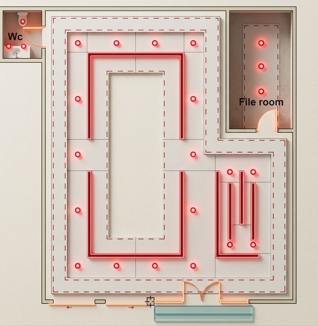 An incredibly lifelike, richly detailed, photorealistic top-down orthographic photograph of an office floor and ceiling plan set in a retro-futuristic corporate environment. The scene is illuminated by glowing red neon-like circular downlights and crimson dashed light-guide tracks running parallel to the walls, creating a clean, high-tech, yet nostalgic 1980s sci-fi terminal atmosphere. Captured with a specialized architectural document camera, emphasizing the crisp matte texture of the cream-toned walls, the stark rendering of the toilet basin in the top-left restroom, the designated file room partition at the top-right, and the elegant, geometric drop-ceiling architectural paths. Every element remains precisely positioned, from the orange-glowing doorways to the light blue glass step accents at the bottom main entrance.