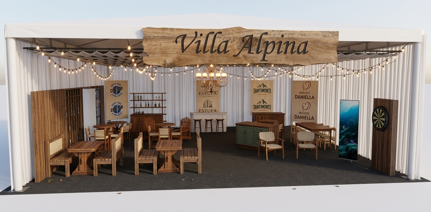 A professional, beautifully lit photograph of a rustic event booth set under a clean white event tent, exactly preserving the original structure, composition, and layout. The scene is illuminated by the warm, golden glow of delicate string lights draped overhead and an elegant central chandelier, casting soft, natural shadows on the dark carpeted floor. The wooden furniture—including the rustic benches, chairs, tables, and bar counters—shows natural grain textures, subtle knots, and a matte finish with gentle wear and tear. The large "Villa Alpina" sign at the top is made of a thick slab of natural, rough-cut wood with realistic bark edges and carved lettering. The white fabric backdrop walls exhibit subtle wrinkles and folds, diffusing the light softly. Every detail, from the printed canvas banners to the digital rollup display on the right, is captured with realistic surface textures, sharp focus, a hint of natural film grain, and mild lens blooming from the overhead lights to create a warm, inviting, and authentic atmosphere.