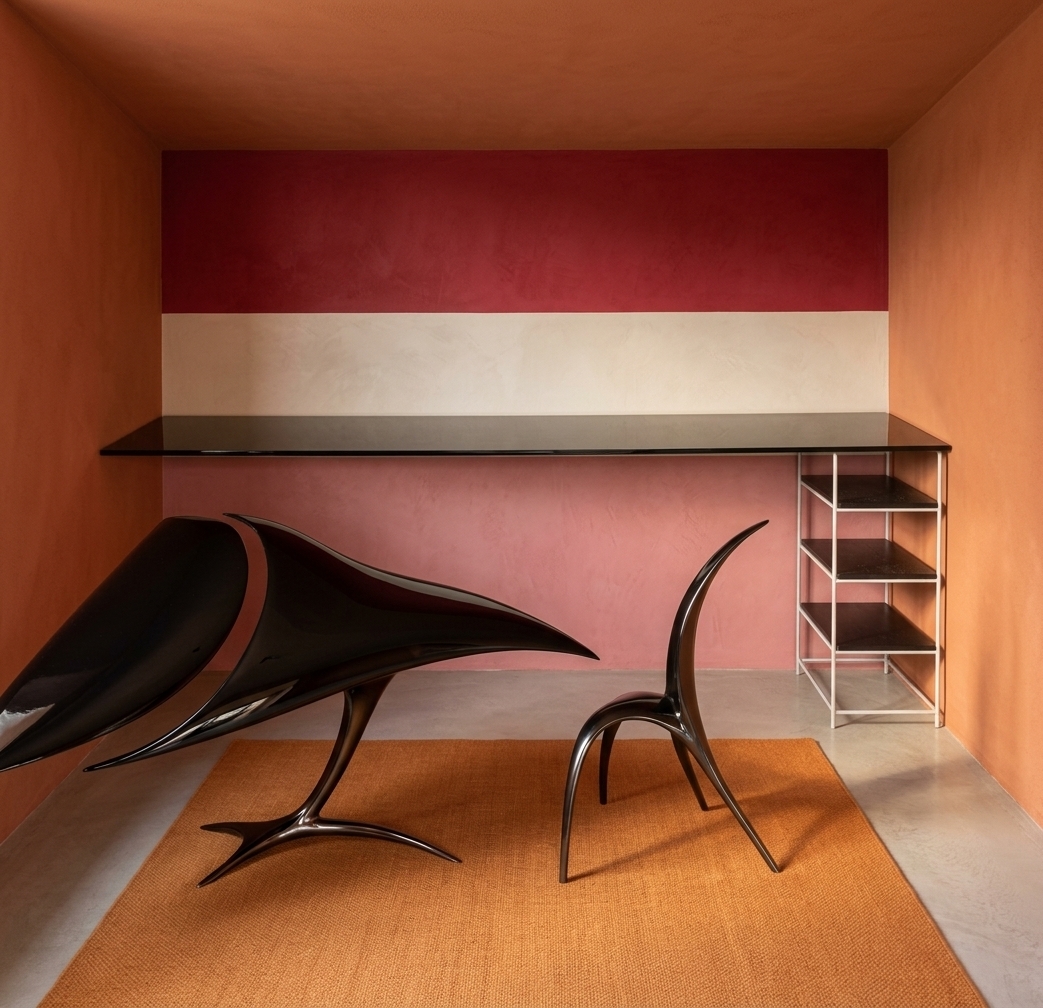 A professionally photographed, real-life architectural interior of the room captured with a wide-angle lens to perfectly preserve the exact, deep box-like perspective, layout, and composition of the sketch. The side walls feature a matte, finely textured plaster finish in a warm terracotta-orange hue, while the back wall has three distinct matte horizontal bands of deep red, warm off-white, and muted pink. In the center, the prominent sculptural wing-like desk and organic matching chair are fabricated from highly polished, glossy black lacquered composite, showing smooth, curving specular highlights from the room's warm ambient light. To the right, the delicate, modern shelving frame is constructed from thin, white-painted steel tubing holding dark, minimalist shelves. The floor is a smooth, light beige screed topped with a low-pile, woven wool area rug in a vibrant orange-ochre tone. The entire scene is illuminated by soft, diffused warm light from an unseen source, casting natural, realistic shadows and highlighting the tactile micro-textures of the painted plaster, metal, and woven textiles. The photograph has a shallow depth of field, focused sharply on the middle-ground furniture, with subtle lens vignetting and natural microscopic imperfections like faint dust on the glossy black surfaces to anchor the image in absolute reality.