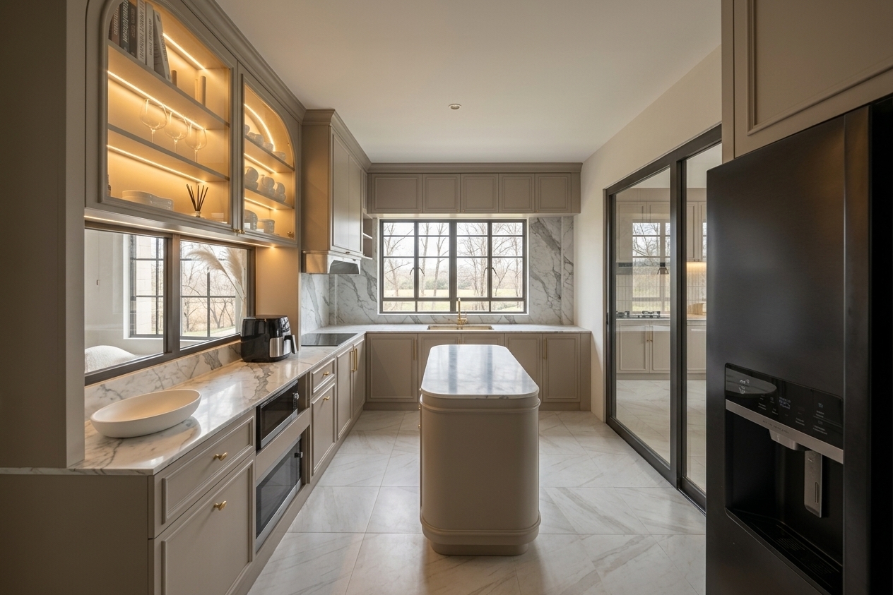 An incredibly lifelike, richly detailed, photorealistic wide-angle interior photo of a spacious kitchen filled with French country charm set in a serene countryside estate. The scene is illuminated by soft, natural daylight filtering through large grid windows and warm, glowing LED accents tucked inside elegant arched glass cabinets, creating a cozy, inviting, and romantic atmosphere. Captured with a professional 35mm lens, emphasizing the exquisite, grey-veined Calacatta marble countertops, the smooth matte lacquer of the warm greige cabinetry, and the tactile quality of the brushed gold hardware, the shot feels plucked straight from a high-end interior design catalog. 

The provincial-inspired design balances modern luxury with cottage warmth. At the center stands an elegant, pill-shaped island topped with a pristine slab of marble, anchoring the open layout. Lovingly arranged surfaces display minimalist ceramic bowls and curated decor, while the surrounding cabinetry features delicate crown molding that evokes a timeless, weathered elegance. To the right, floor-to-ceiling glass-paneled sliding doors reveal a glimpse of an adjoining preparatory kitchen, while the view through the main window showcases a soft, pastoral landscape of bare winter trees. In the foreground, a sleek, black-finished refrigerator adds a bold contemporary contrast, completing this beautifully composed, warm neutral dream kitchen.