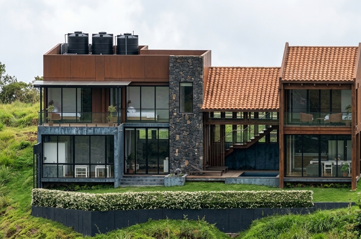 An architectural photograph of the modern multi-material residence captured in soft, diffused daylight under a bright overcast sky, maintaining the exact structural geometry, camera perspective, and composition. The diverse materials are rendered with rich, lifelike textures: the rough-hewn, dark volcanic stone masonry wall; the warm, matte finish of the dark copper or oxidized steel panels; the weathered, earthy orange of the terracotta roof tiles featuring subtle variations; and the natural wood grains of the structural columns. The large glass windows exhibit realistic reflections of the hazy sky and surrounding hillside while showing clear views into the naturally lit interior spaces. The manicured green lawn and the low hedge dotted with dense white blossoms show sharp, organic leaf details. The final image incorporates natural photographic imperfections, including a delicate film grain, gentle vignetting at the corners, faint chromatic aberration on high-contrast edges, and subtle environmental dust on the black water tanks on the roof, rendering it as an authentic, high-end real-world photograph.