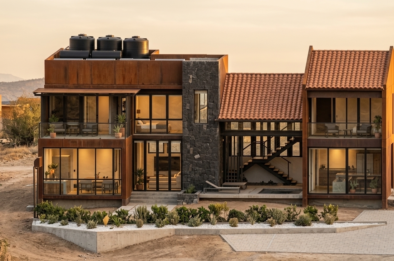 An incredibly lifelike, richly detailed, photorealistic architectural photo of a modern multi-level desert retreat set in a serene, arid landscape. The scene is illuminated by the warm, golden hues of a late afternoon sun, creating a peaceful and luxurious atmosphere. Captured with a professional 35mm tilt-shift lens, emphasizing the rich contrast of textured materials and crisp geometric lines, this composition showcases a split-wing design. On the left, a flat-roofed volume wrapped in weathered Corten steel panels is crowned with matte black utility tanks, while the right wing features classic gabled roofs finished with textured terracotta clay tiles. A central, vertical pillar of dark, rough-cut basalt stone anchors the structure. Expansive floor-to-ceiling glazing reveals a warmly lit, minimalist living room and interior staircase, bridging the indoor spaces with the glass-railed balconies and outdoor patios. In the foreground, a crisp white gravel bed and low-lying desert shrubbery sit along the concrete foundation, grounding the sophisticated residence into its natural, sun-drenched environment.