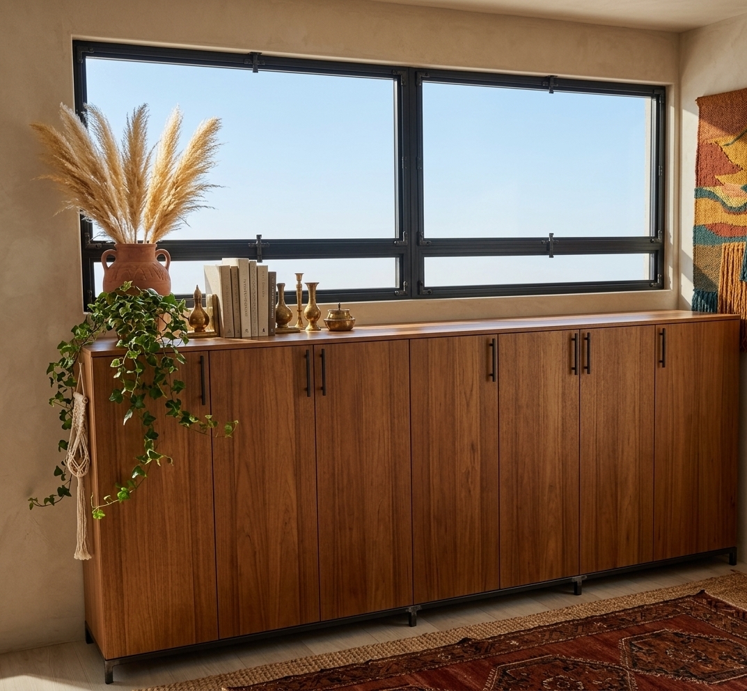 An incredibly lifelike, richly detailed, photorealistic eye-level interior photo of a cozy study room styled as a serene Bohemian oasis. The scene is illuminated by soft, natural sunlight filtering through high windows, creating a warm, free-spirited, and intellectually inviting atmosphere. Captured with a professional 35mm f/2.8 lens, emphasizing the organic wood grains, tactile textiles, and vibrant, lush plant life...

At the heart of the space, a long, low-profile credenza crafted from warm teak wood features exquisite vertical oak grains and minimalist dark iron handles. Directly above, a wide, industrial-style black-framed window looks out to a clear blue sky, casting a soft glow across the hand-plastered, earthy neutral walls. The top of the rich wooden console is artfully styled with a collection of vintage-collected brass objects, a stack of linen-bound photography books, and a handcrafted terracotta pot filled with feathery golden pampas grass. Spooling vines of vibrant green ivy drape gently over the cabinet's edge, nestled near a small macrame hanger. On the adjacent wall, a beautifully textured woven tapestry in rich shades of warm rust, mustard, and deep teal anchors the eclectic color palette. Beneath the console, layered Moroccan rugs in deep rust patterns lie over a natural woven jute base, completing this soulful, globally-inspired sanctuary.