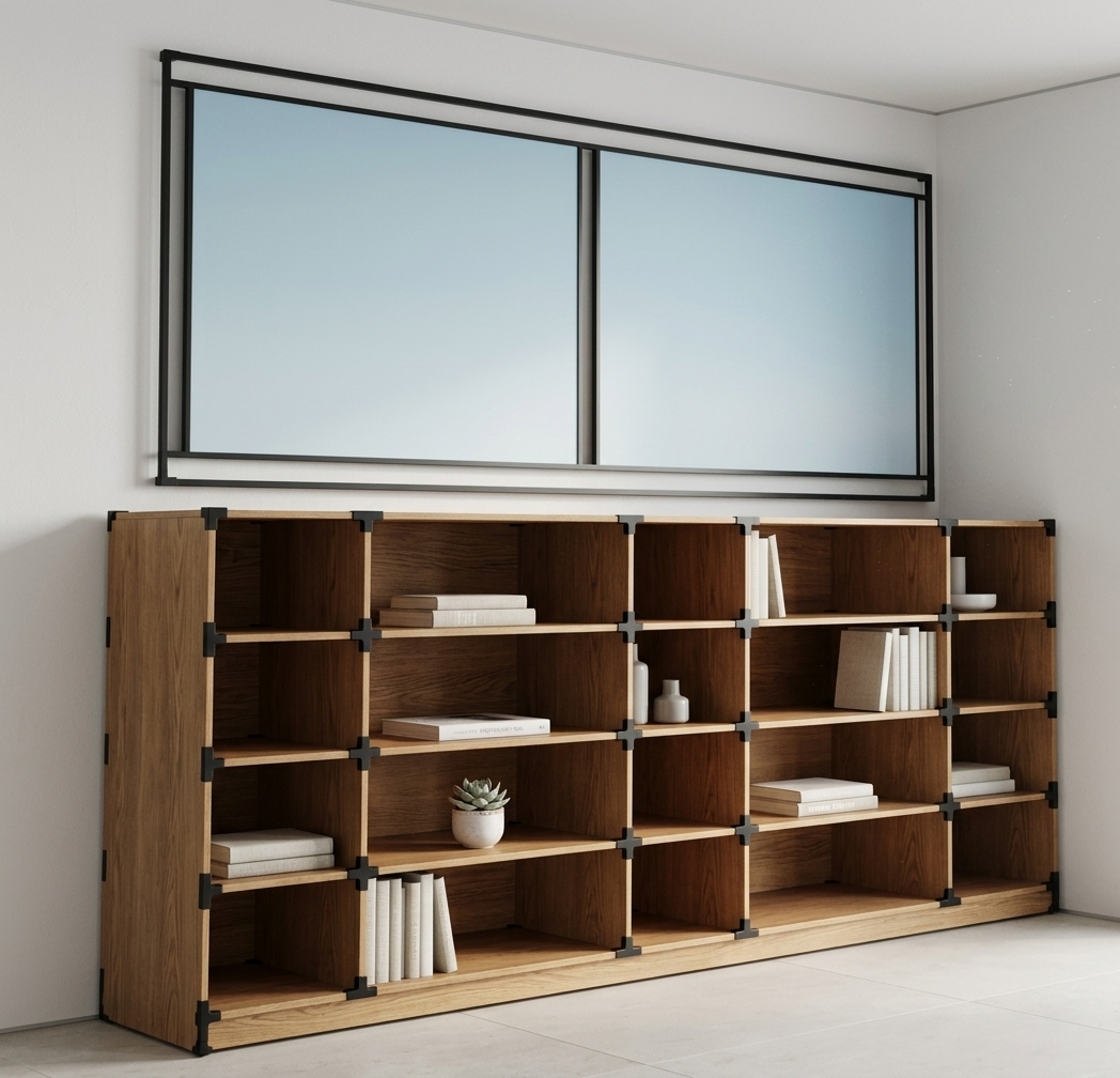 An incredibly lifelike, richly detailed, photorealistic eye-level interior photo of a minimalist haven study room set in a serene contemporary home. The scene is illuminated by calm, diffused natural morning light, creating an inviting, zen-inspired atmosphere. Captured with a professional 35mm f/2.8 lens, emphasizing the rich, warm grains of the wooden shelving and the crisp, matte texture of the minimalist white walls.

The focal point of the space is a sleek, multi-tier modular wooden bookcase crafted from warm oak panels, held together by industrial-style matte black metal connectors. The streamlined, functional design provides uncluttered elegance, with its clean surfaces styled minimally. A curated photography book and a small, delicate green indoor plant rest on the shelves, adding life to the minimalist decor. Mounted gracefully on the pristine wall above the shelving unit is a massive, dual-pane abstract wall art piece, showcasing a tranquil, monochromatic pastel sky-blue hue framed with sleek metallic borders, reflecting the room's serene architectural beauty.