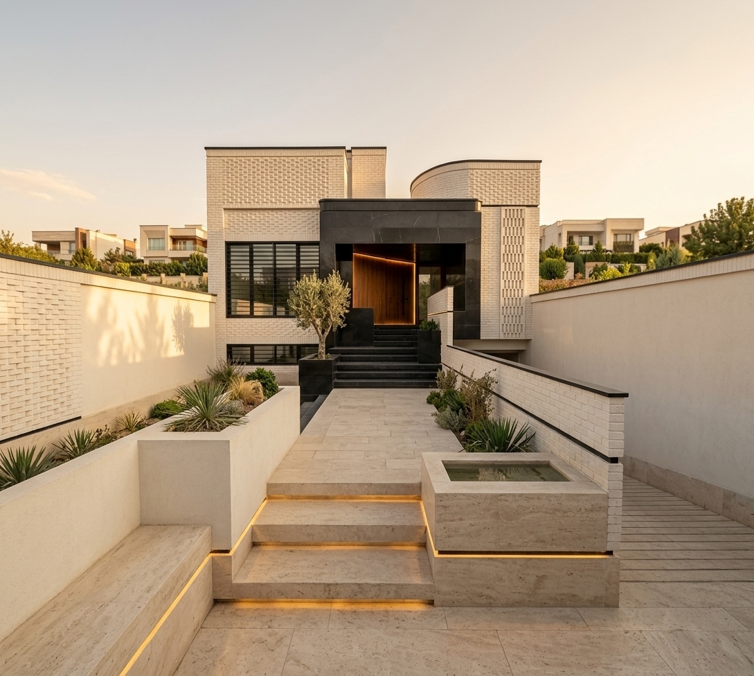 An incredibly lifelike, richly detailed, photorealistic wide-angle architectural exterior shot of a sophisticated contemporary Iranian luxury villa set in a serene, upscale modern Persian residential neighborhood. The scene is illuminated by the warm, golden-hour sunlight casting dramatic, elongated shadows across the layered volumes, creating a serene, luxurious, and timeless atmosphere. Captured with a professional 35mm tilt-shift lens, emphasizing the tactile craftsmanship of the handmade white brickwork and the polished, monolithic quality of the black stone entrance, the rendering highlights the contrast between the primary white brick masses and the sculptural black stone focal points. Following the villa's existing architectural massing, the central entrance is transformed into a majestic, recessed portal crafted entirely from premium black natural stone, complete with a monumental black stone staircase, integrated black stone planter boxes cradling a minimalist olive tree, and a grand, warm walnut wooden pivot door glowing under concealed warm architectural lighting. The surrounding building volumes feature textured, handmade white brick cladding laid in sophisticated geometric relief patterns with precise shadow gaps, which artfully balance the deep-set, black-framed aluminum windows on the left. In the foreground, the stepped approach and clean-lined ramps are clad in light travertine stone paving, complemented by elegant minimalist landscaping, a subtle water feature reflecting the soft sky, and warm, integrated strip lighting that accentuates the exquisite material transitions and rich textures of this modern masterpiece.