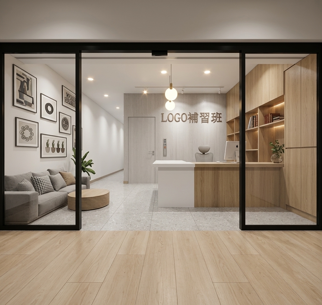 An incredibly lifelike, richly detailed, photorealistic eye-level straight-on shot of the entrance and reception counter of a modern tutoring center, designed as a serene Scandinavian sanctuary. The scene is illuminated by bright, warm diffuse spotlights and elegant minimalist globe pendant lights, creating an inviting, tranquil, and academically inspiring atmosphere. Captured with a professional 35mm architectural lens, emphasizing the exquisite blond oak wood grains, the smooth laminate countertops, and the clean reflections on the black-framed glass facade. Through the expansive storefront glass, the interior unfolds to reveal a cozy waiting nook on the left with a plush grey fabric sofa and a playful gallery wall, a central white-and-wood reception desk with minimalist "LOGO補習班" signage, and beautifully arranged study-themed shelving on the right. This harmonious layout balances functional professionalism with cozy, domestic warmth, crafting an ideal study environment.