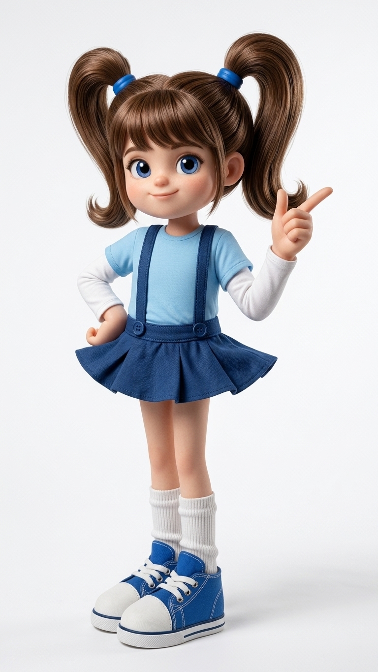 A professional studio full-body photograph of the character, captured with a high-end medium format camera and a prime 100mm portrait lens for a crisp, flat perspective against a seamless white studio cyclorama background. The lighting is a soft, diffused three-point studio setup, casting a gentle, natural shadow at her feet to ground her in the three-dimensional space. Her brown hair, styled in twin pigtails secured with thick blue bands, shows realistic, individually rendered strands catching a subtle rim light that highlights its warm chestnut tones and healthy sheen. Her skin has a soft, natural satin finish with realistic skin texture under the soft key light, complementing her large, expressive blue eyes which reflect the catchlights of the studio softbox. Every element of her outfit is rendered with tangible material physics: her light blue t-shirt features fine jersey-knit cotton texture with delicate double-needle stitching along the seams, while the long white sleeves have a soft, comfortable drape. Her royal blue pinafore skirt is crafted from structured, durable cotton twill with authentic fabric folds, complete with detailed straps and circular button closures. Her thick white socks have a classic ribbed knit texture with gentle fabric crinkles around the ankles, leading down to her sporty blue and white sneakers which show realistic matte rubber soles, canvas paneled uppers, and neatly laced details. The image has a clean, sharp focus throughout with a very subtle, natural depth of field and faint lens characteristics that give the studio portrait a highly convincing, authentic photographic quality.