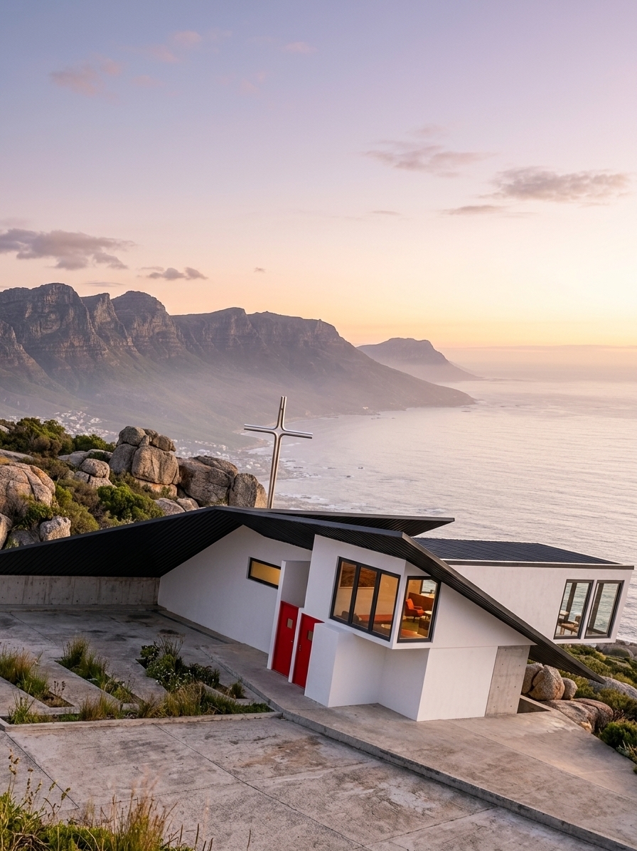 An incredibly lifelike, richly detailed, photorealistic wide-angle exterior architectural shot of a sleek retro-futuristic coastal restaurant set in a dramatic landscape of rugged mountain cliffs overlooking a vast, shimmering ocean. The scene is illuminated by the soft, warm golden glow of a quiet summer sunrise, creating a serene, nostalgic, and majestic atmosphere. Captured with a professional medium-format camera and a 35mm tilt-shift lens, emphasizing the sharp contrasts in architectural textures and the natural landscape, the building's striking, angular design features a sweeping, double-winged roof clad in premium matte-black IBR metal sheeting. This dark, textured roofing beautifully contrasts against the clean, sculptural white stucco walls of the facade, while a pair of vibrant, high-gloss cherry-red doors serves as a bold geometric focal point at the entrance. Expansive ribbon windows with sleek dark frames wrap around the corner, reflecting the pastel pinks and oranges of the sunrise while offering a glimpse into the warm, inviting retro interior. The structure rests on a cantilevered concrete foundation that integrates seamlessly with a surrounding terrace, framed by massive, weathered granite boulders and wild coastal grasses, all set against a breathtaking backdrop of majestic mountains and the endless horizon of the sea.