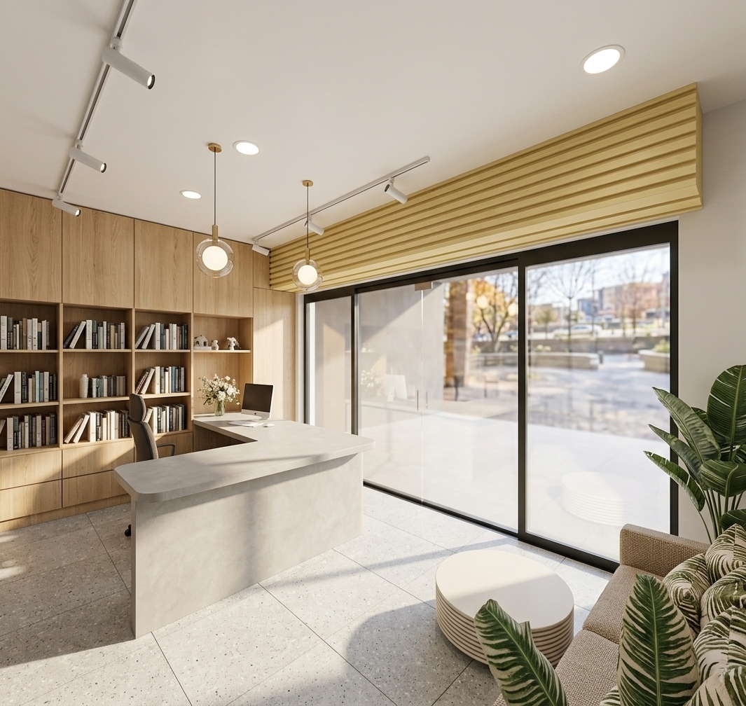 An incredibly lifelike, richly detailed, photorealistic wide-angle interior photo of a welcoming reception lobby inside a contemporary bohemian-themed tutoring center, designed with an integrated student exhibition and reading space. The scene is illuminated by bright afternoon sunlight filtering through expansive black-framed sliding glass doors and the warm, ambient glow of minimalist spherical pendant lights and adjustable white track spotlights, creating a serene, inspiring, and productive atmosphere. Captured with a professional 24mm wide-angle architectural lens, the image emphasizes the rich textures of the natural light oak wood cabinetry, the smooth micro-cement finish of the curved reception desk, and the vibrant green leaves of tropical indoor plants in the foreground. On the left, a towering built-in bookshelf serves as both an organized library and an exhibition showcase for academic materials and decorative ceramics, framed by light-toned wood paneling that reaches the pristine white ceiling. Soft, comfortable bohemian-style lounge seating in earthy grey-beige tones is accented with woven cushions, positioned near a modern ribbed circular coffee table, offering students and parents a relaxed waiting area. The glass facade looks out onto a soft-focus urban street, while the pale yellow, ribbed timber bulkhead above the doorway adds a touch of warmth and playful texture to this bright, high-end educational oasis.