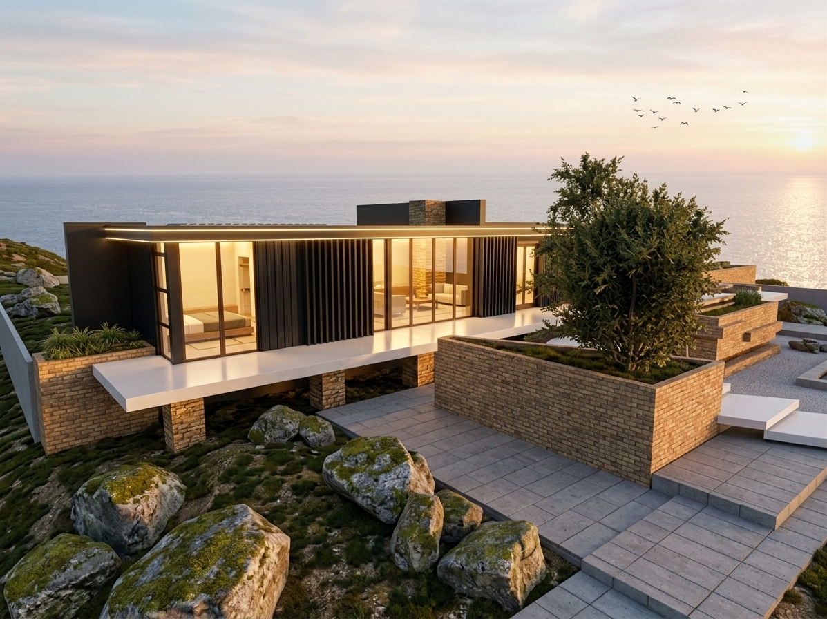 An incredibly lifelike, richly detailed, photorealistic wide-angle exterior architectural photo of a modern Japanese Zen-style villa set on a dramatic, sloping mountain peak overlooking a vast, glittering ocean. The scene is illuminated by a warm, golden-hour sunset, creating a serene and mystical atmosphere. Captured with a professional 35mm lens, emphasizing the raw texture of the natural landscape contrasting with precise architectural elements, the villa features sleek, matte-black IBR cladding in place of the corrugated sheets, adding a bold contemporary frame. Warm interior LED lights glow from within the expansive glazing, casting long, luminous reflections across the smooth white concrete terraces and stone-clad foundation pillars. The rugged, sloping terrain is artfully manicured with large, moss-dusted boulders and Minimalist Zen garden pathways, while a distant flock of birds glides gracefully across a soft, pastel-hued horizon where the sky melts into the peaceful sea.