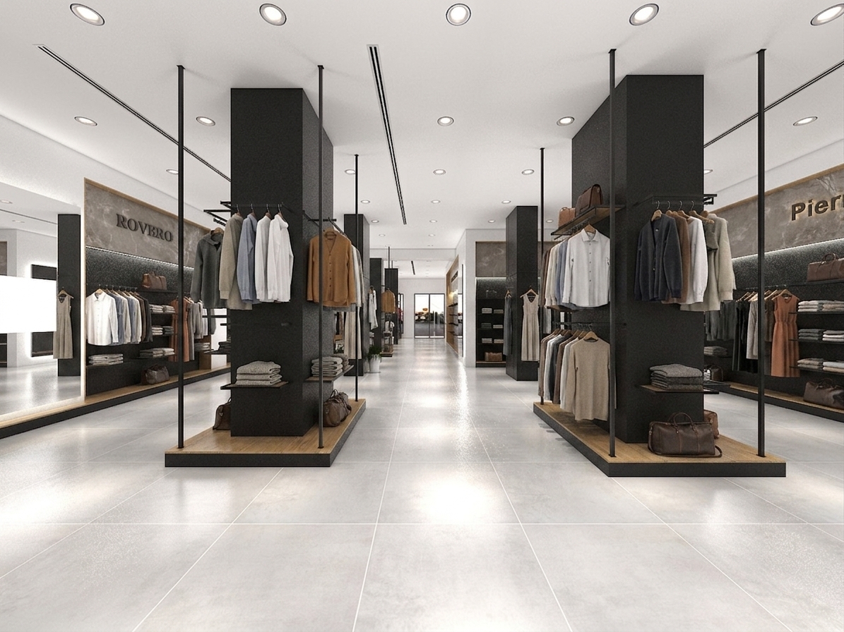 This professional architectural photograph captures the interior of a modern, upscale clothing boutique, maintaining the exact layout, geometry, and wide-angle perspective of the original scene. The black metal hanging rails around the central columns are populated with a curated selection of designer apparel on sleek hangers, showing realistic fabric textures, natural drapes, and creases. The various wooden and metal shelving niches are styled with neatly folded garments, knitwear, and accessories that exhibit authentic weave patterns. The recessed ceiling spotlights are bright, casting natural light blooms and realistic specular reflections onto the semi-polished light grey floor tiles, which feature subtle grout details and faint, realistic surface scuffs. The brand logos along the walls, including "ROVERO," are backlit with a crisp, bright white glow that outlines the letterforms against the textured stone background. The warm wood display bases and textured matte-black columns show fine tactile details, micro-imperfections, and soft dust specks under the bright, clean lighting. Taken with a professional wide-angle camera, the image has a deep depth of field, sharp details, and natural photographic qualities like faint corner vignetting and realistic color temperature, rendering the space as a believable, lived-in environment.