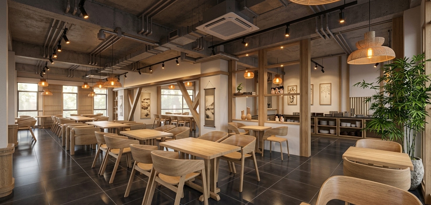 An incredibly lifelike, richly detailed, photorealistic interior perspective shot of a modern Japanese Zen restaurant set in a sophisticated urban environment. The scene is illuminated by a harmonious blend of warm, glowing woven pendant lamps, subtle hidden cove LED lighting, and directional black steel track spotlights, creating an intimate, serene, and welcoming atmosphere. Captured with a high-end 24mm wide-angle lens, emphasizing the fine natural grain of the light oak wooden chairs, the industrial raw concrete texture of the high ceiling, and the exquisite detailing on the traditional Japanese hanging scroll paintings. The spacious dining room features large-format, dark charcoal floor tiles polished to a subtle satin sheen, reflecting the soft amber glows of the overhead lights with stunning realism. To the right, a dark wood lattice partition displays traditional kokeshi dolls under gentle spotlights, while a lush green bamboo plant adds a touch of natural vitality, bridging the minimalist design with tranquil Zen elegance.
