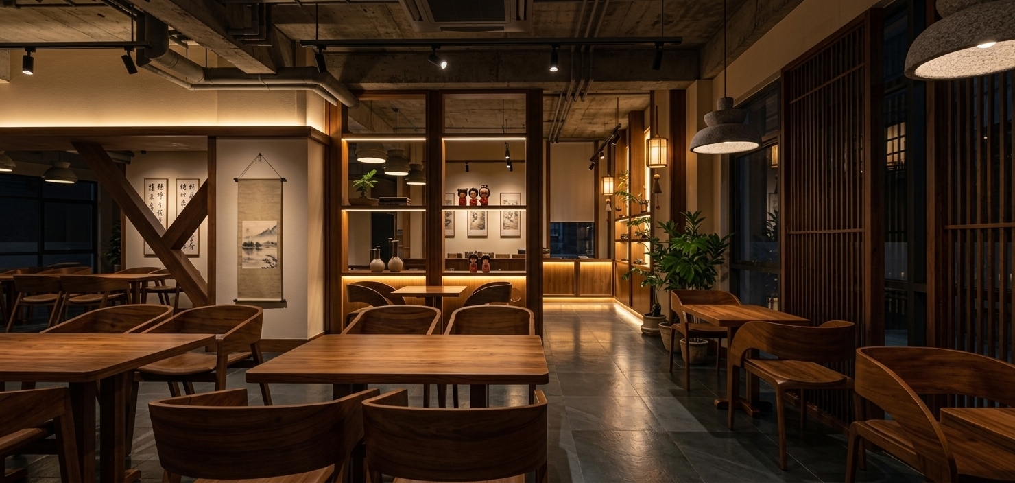 An incredibly lifelike, richly detailed, photorealistic wide-angle interior shot of a Japanese Zen-style restaurant dining room set in an intimate, sophisticated evening environment. The scene is illuminated by warm, inviting ambient light emanating from hidden under-cabinet LEDs, glowing display niches, and hanging stone-textured pendant lamps, creating a serene, moody, and deeply relaxing atmosphere. Captured with a professional 24mm f/2.8 lens, emphasizing the rich, organic wood grain of the dining tables and matching curved chairs, the intricate vertical patterns of the dark timber privacy screens, and the high-fidelity, glossy reflections of the warm interior lights gleaming across the dark slate-grey floor tiles. The delicate textures of a hanging scroll painting, decorative calligraphy, and miniature Kokeshi dolls on display shelves are beautifully defined, contrasted perfectly by the raw, moody textures of the dark concrete industrial ceiling overhead.