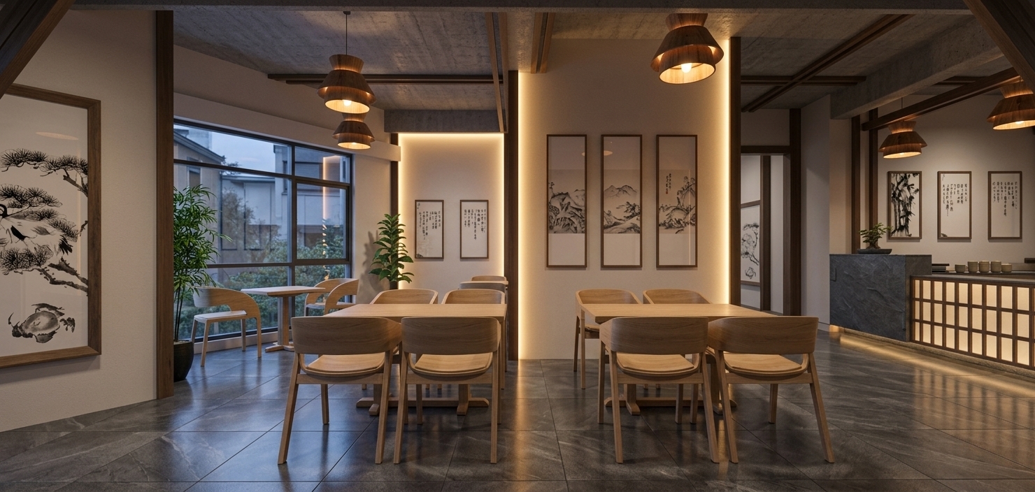An incredibly lifelike, richly detailed, photorealistic eye-level wide shot of a modern Japanese Zen restaurant interior set in a serene urban neighborhood at dusk. The scene is illuminated by warm, indirect LED strips glowing behind a central accent wall, ambient light from rustic wooden tiered pendant ceiling fixtures, and the cool, fading twilight of 6:00 PM filtering through large windows, creating a peaceful and harmonious atmosphere. Captured with a 35mm f/1.8 prime lens, emphasizing the fine grain of the light oak furniture, the delicate brushstrokes of traditional ink-wash paintings, and the subtle textures of the walls, this 8k-resolution rendering brings the space to life. The dark gray, large-format tiled floor features a polished, satin finish that beautifully reflects the amber glows of the pendant lights and backlit panels. Symmetrical compositions of wooden dining chairs and black tables are arranged neatly across the room, while a raw concrete ceiling and dark wooden columns anchor the minimalist aesthetic. To the right, a textured slate service counter and traditional screen facade complete this tranquil, high-end dining sanctuary.