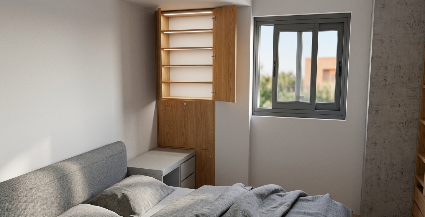 A professional photograph of a cozy bedroom inside a mountain-side vacation home, capturing the scene with the exact same composition, perspective, and camera angle. The built-in wooden cabinet hiding the architectural column is crafted from warm, honey-toned oak with a tactile, matte grain, and its open doors reveal neatly integrated shelves softly illuminated by warm ambient light. To the left, a bed with a textured, charcoal grey fabric headboard features rumpled white linen sheets and soft cotton pillows cast in natural shadow. Sunlight streams in through the black-framed aluminum sliding window, casting realistic highlights and soft, diffused shadows on the matte-finished white plaster walls. In the right corner, the concrete-textured wall adds an earthy backdrop to the space. The scene is shot on a 35mm lens with a shallow depth of field, rendering the textures of the wood, fabric, and plaster with rich detail, incorporating subtle real-world imperfections like microscopic dust particles, natural light fall-off, and gentle lens vignetting to achieve an authentic, lived-in atmosphere.
