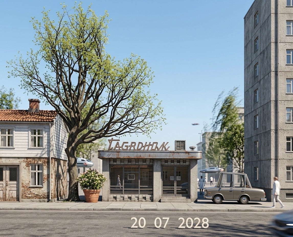 An incredibly lifelike, richly detailed, photorealistic medium-wide street-level shot of a retro-futuristic apartment building exterior set in a bustling spring urban environment. The scene is illuminated by the bright, overhead glare of the midday sun, creating a vibrant and energetic atmosphere. Captured with a professional 35mm lens, emphasizing the gleaming chrome curves of hovering vehicles, the rough texture of the architectural concrete, and the soft, fresh green leaves of young spring trees lining the sidewalk. Below the building's sweeping, curved facade and large panoramic windows, pedestrians dressed in sleek, minimalist mid-century-inspired spring attire stroll along the wide pavement. Beside them, streamlined, metallic hover cars glide seamlessly down the street, their polished surfaces reflecting the clear blue sky, while the deep depth of field captures the lively, bustling energy of a futuristic city in bloom.