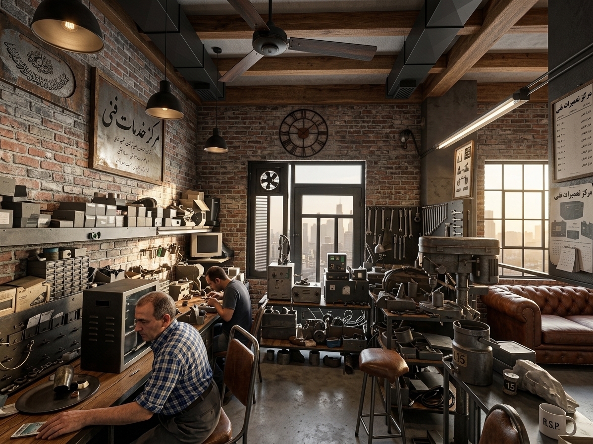 An incredibly lifelike, richly detailed, photorealistic wide-angle interior photo of an upscale industrial loft workshop set in a repurposed urban warehouse environment. The scene is illuminated by low-hanging matte-black industrial pendant lights casting warm, focused pools of light over workstations, balanced by dramatic late-afternoon sunlight filtering through towering multi-paned steel factory windows, creating a rugged yet sophisticated atmosphere. Captured with a high-end architectural camera and a 24mm prime lens, emphasizing the rich tactile textures of distressed leather, weathered timber, raw steel, and cool, polished concrete floorings.

This spacious, architectural workshop features a harmonious composition of warehouse-inspired furnishings and rugged elements. In place of the old workbench, a massive, clean-lined workshop island crafted from solid reclaimed oak and blackened iron anchor the space, paired with sleek metal stools. The background wall of raw, exposed red-and-gray brick displays a prominent, large minimalist black metal wall clock with rustic, oxidized iron hands. To one side, a comfortable breakout area is defined by a plush, vintage chesterfield leather sofa in deep cognac brown, nestled against exposed overhead wooden ceiling beams and geometric matte-black HVAC ductwork. Organizing the space are towering metal shelving units finished in shades of gunmetal gray, charcoal, and rust, holding neatly arranged tools and components. Through the expansive windows, a hazy city skyline adds an urban backdrop that beautifully complements the raw, productive, and masterfully curated interior.