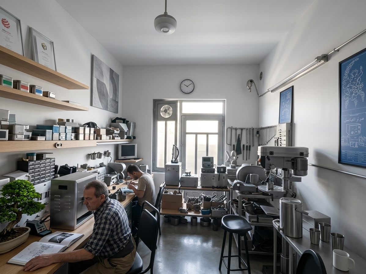 An incredibly lifelike, richly detailed, photorealistic wide-angle interior photograph of a reimagined minimalist workshop set in a modern, streamlined creative studio. The scene is illuminated by soft, diffused morning sunlight streaming through a large steel-framed window, creating a serene, focused, and zen-like atmosphere. Captured with a professional architectural camera and a 24mm tilt-shift lens, emphasizing the ultra-smooth matte-white walls, polished concrete flooring, brushed steel hardware, and fine-grained light oak wood. This minimalist haven replaces the chaotic workspace with uncluttered, elegant floating wooden workbenches and sleek metal storage units finished in muted gray and subtle pastel tones. On the immaculate countertops, which remain free of any clutter, sits a single, high-tech soldering iron alongside an open design photography book displaying monochrome architectural shots, and a vibrant green Bonsai tree that injects natural energy into the space. A stunning piece of large-scale abstract gray and white wall art adorns the spacious, simple walls, while streamlined matte-black ergonomic stools sit neatly tucked-in, completing this highly functional, elegant, and zen-inspired sanctuary of modern craftsmanship.