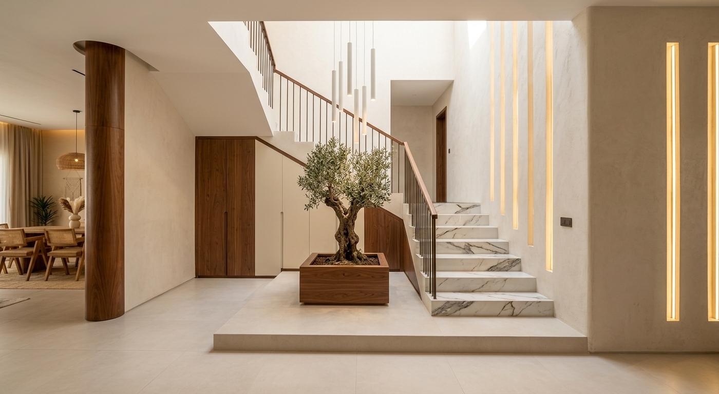 An incredibly lifelike, richly detailed, photorealistic wide-angle interior photo of a double-height entryway and staircase hall set in a luxurious, modern bohemian oasis home. The scene is illuminated by a combination of concealed, warm LED strip lighting and soft, natural daylight filtering from an unseen high skylight, creating a tranquil, inviting, and organic atmosphere. Captured with a professional 35mm f/2.8 architectural lens, emphasizing the rich grain of walnut wood, the organic texture of the olive branches, and the polished marble veining of the steps with exquisite depth of field.

At the focal point of the hall, the recessed platform in the stairwell is transformed into a custom-designed, low-profile indoor garden bed. Clad in premium, deep-toned walnut wood with a rich, visible grain, this integrated planter houses a stunning, sculptural olive tree. Its gnarled, textured bark and delicate, silvery-green leaves reach upwards toward the light, adding a serene, organic soul to the space. Soft, warm light from slender, white cylindrical pendant lamps cascades down of different heights directly above the tree, highlighting its foliage.

Underneath the rising staircase, the once-empty wall is now utilized as a seamless, flush storage cabinet system. The custom cabinetry features an elegant rhythm of rich walnut-colored wood panels contrasted beautifully with warm-white lacquered doors. The handleless, push-to-open doors maintain a clean, architectural line, seamlessly following the slope of the stairs.

The floating staircase is clad in premium, marble-patterned porcelain ceramic, displaying soft, sweeping veins of charcoal and subtle gold across a brilliant white background. The clean, mitered edges of each tread are executed with absolute precision, reflecting light beautifully. A modern, minimalist railing consisting of ultra-slim, dark bronze banisters and a smooth walnut handrail guides the eye upwards along the stairs.

The expansive flooring is laid with large-format ivory ceramic tiles, finished with a subtle satin texture that reflects a soft, diffused glow from the lights overhead. Along the right-hand wall, vertical slit niches hide continuous LED light strips, casting a rhythmic pattern of warm light and soft shadow down the textured plaster wall. To the far left, a magnificent, curved structural column wrapped in polished walnut wood transitions the entryway toward a bohemian-styled dining space in the background, where natural wooden furniture and warm beige tones suggest a lived-in, earthy elegance.