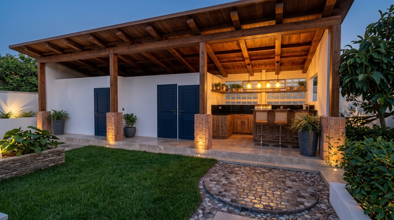 An incredibly lifelike, richly detailed, photorealistic wide-angle architectural photo of an open-air pavilion and outdoor kitchen set in a lush Mediterranean retreat garden during a warm summer night. The scene is illuminated by warm, glowing amber pendant lights and soft, indirect uplighting, creating an inviting, relaxed, and intimate atmosphere. Captured with a professional 24mm tilt-shift lens, emphasizing the rich, organic textures of the deep timber rafters, the rough hand-laid brick columns, and the polished stone pathways. 

The structure showcases crisp, white-washed stucco walls that beautifully contrast with a Mediterranean-inspired color palette featuring deep navy-blue doors, warm earthy terracotta brick accents, and neutral stone flooring. Under the shelter of the expansive exposed-timber roof, a fully equipped outdoor kitchen and bar area is arranged with rustic wooden cabinetry, sleek black countertops, and high-backed barstools. Vibrant, leafy green plants in large, textured basalt-gray planters flank the polished tile patio, seamlessly blending the architecture with the surrounding garden. Outdoors, a manicured lawn is paired next to an exquisite, circular cobblestone mosaic path that glimmers subtly under the twilight sky, evoking the casual, sun-drenched coastal elegance of a high-end photography book feature.