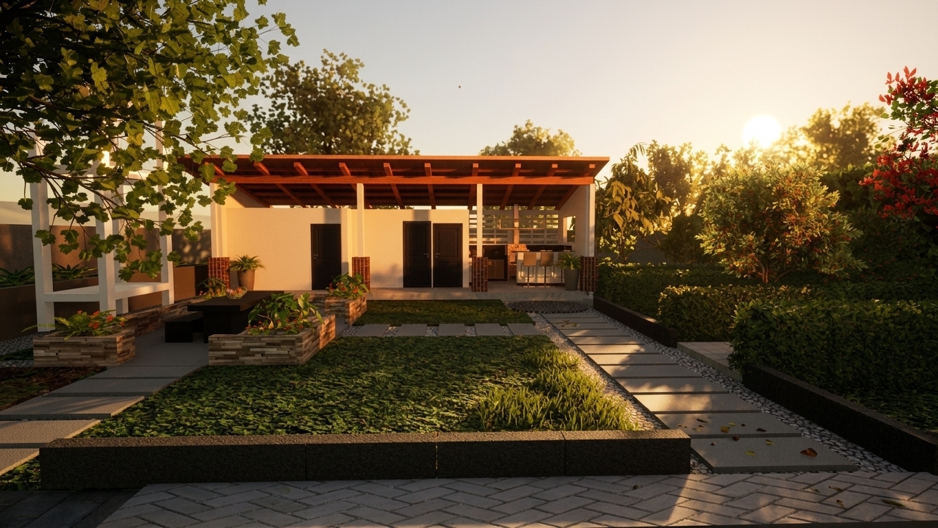 A photorealistic wide-angle photograph of the backyard garden and outdoor pavilion during a warm summer sunset. The low, golden hour sun casts long, dramatic shadows across the lush, uneven green lawn, highlighting individual blades of grass and realistic soil textures. The warm, amber light illuminates the stone stepping stones and paved pathways, catching the fine grain, dust, and natural stone micro-textures on their surfaces. The white plastered walls of the building show subtle, natural imperfections and soft ambient occlusion, while its wooden rafter ceiling glows under the warm reflected light. The surrounding trees, hedges, and flowering bushes have highly detailed, realistic foliage with delicate subsurface scattering where the low sun filters through. Long, soft shadows stretch from the trees and structural columns across the frame. The image has the authentic feel of a real-world photograph captured with a professional wide-angle lens, featuring subtle chromatic aberration near the frame edges, natural color graduation in the warm sky, and a gentle vignette.