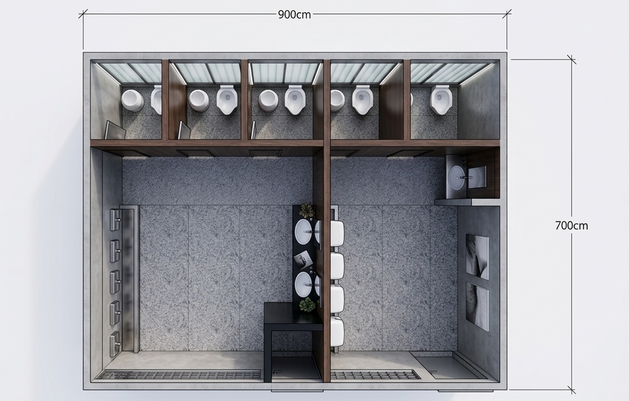 An incredibly lifelike, richly detailed, photorealistic overhead architectural floorplan photo of a highly organized, modern toilet facility designed as a minimalist haven set in a contemporary commercial building. The scene is illuminated by soft, natural skylight and integrated cool LED bar lighting, creating a serene, sterile, and zen-like atmosphere. Captured with a professional 24mm tilt-shift lens, emphasizing the contrasting textures of gray speckled granite tiling, smooth polished concrete walls, and rich dark wood divider partitions. This uncluttered, functional space is rendered in an elegant, monochromatic color palette of whites, grays, and subtle earthy pastels. On the sleek black vanity top, a contemporary photography book and small, potted indoor plants sit beside sleek metal faucets, reinforcing the streamlined aesthetic. Abstract monochromatic wall art is visible inside the entrance foyer, completing this highly refined, simple, yet sophisticated design.