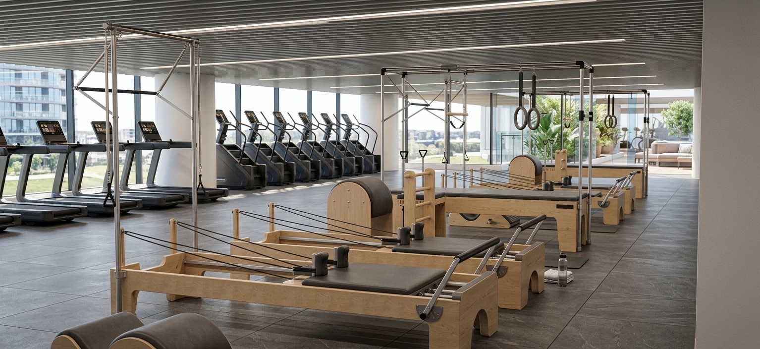 A crisp, professionally photographed interior of a modern pilates and fitness studio, maintaining the exact layout, geometry, and perspective of the scene. The lighting is balanced and clean, featuring a neutral 4500K color temperature with soft daylight pouring through the floor-to-ceiling windows, complemented by warm-white recessed ceiling fixtures that cast gentle, realistic reflections on the surfaces. The pilates equipment in the foreground is rendered with high fidelity: the structured wooden frames are made of light birch plywood with a smooth, satin finish and visible organic wood grain, the metal towers and springs are brushed stainless steel with realistic metallic luster, and the padded carriages are wrapped in durable, finely textured charcoal-grey vinyl. The entire floor is covered in modern, high-quality dark grey interlocking rubber floor mats with a subtle textured non-slip surface that softly diffuses light. Through the clear, faintly reflective glass windows, manicured green decorative plantings and trees are visible in the background, adding a calm, natural touch to the space. Shot with a wide-angle architectural lens, the image displays realistic depth of field, sharp details on the foreground machines, gentle light falloff, and natural photographic imperfections such as microscopic dust, micro-textures, and a balanced dynamic range.
