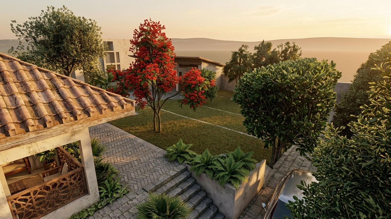 An incredibly lifelike, richly detailed, photorealistic elevated perspective architectural photo of a lush outdoor garden within a private Mediterranean retreat set in a sun-drenched, coastal environment. The scene is illuminated by the warm, golden glow of a late summer sunset, creating a relaxed, inviting atmosphere. Captured with a professional wide-angle lens, emphasizing the textured surfaces of the aged, earthy terracotta tiled roofs and the intricate geometric patterns of rustic wooden screens on the open-air pavilion. The color palette glows with shades of terracotta, deep greens, and warm neutrals, highlighted by the brilliant splash of red-flowering trees bordering a manicured lawn and grey interlocking pavers. This rustic scene evokes the casual elegance of a premium photography book or Mediterranean landscape wall art print, with the open pavilion suggesting a seamless transition to cozy interiors decorated with warm neutrals, rustic wooden furniture, and lush indoor plants.
