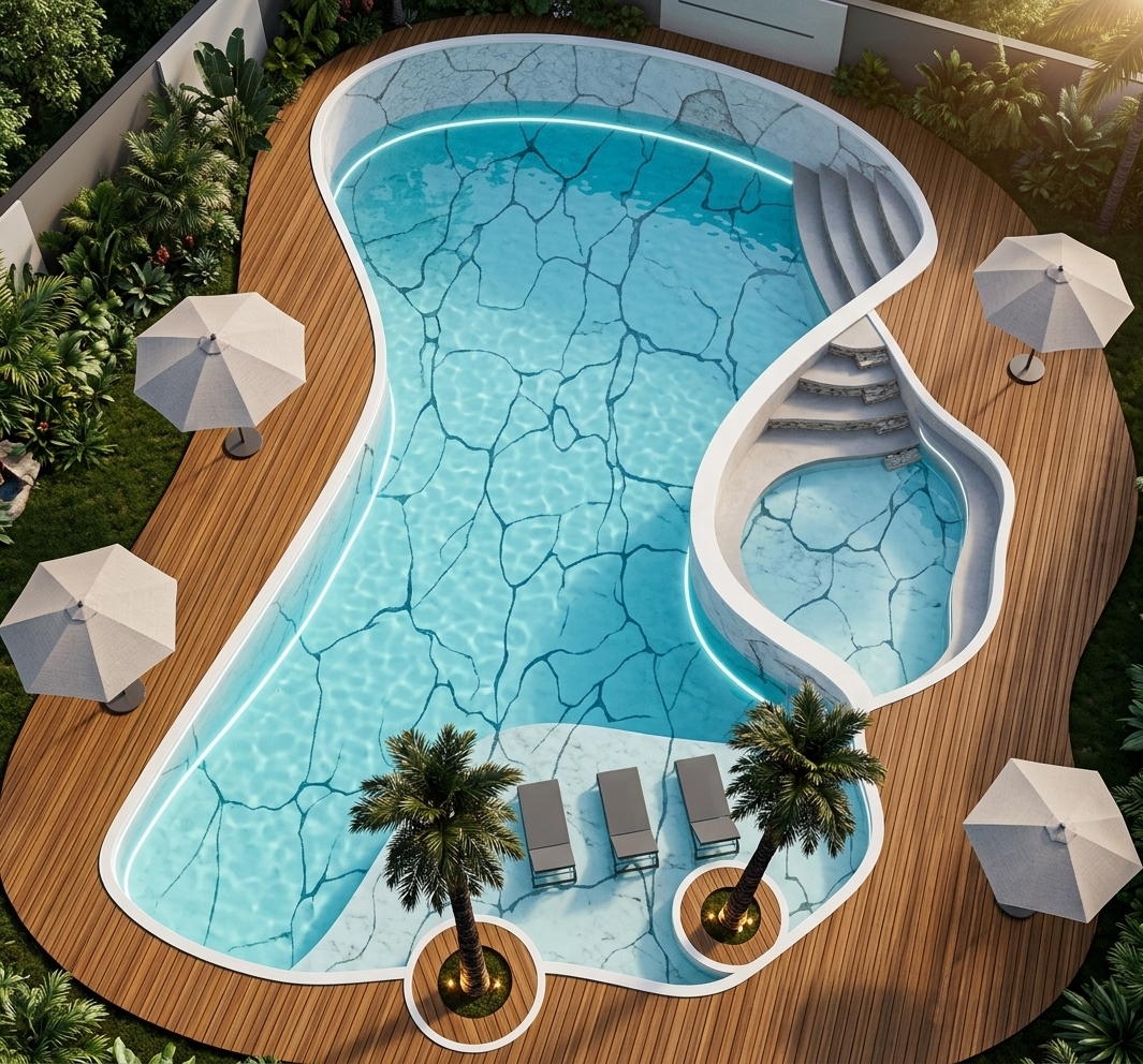 An incredibly lifelike, richly detailed, photorealistic 3/4 overhead landscape shot of a retro-futuristic outdoor private pool set in a luxurious residential backyard oasis. The scene is illuminated by a warm, angled afternoon sun at 40 degrees, complemented by a continuous, medium-bright cool white (4500K) underwater linear LED strip outlining the pool’s perimeter, low-intensity warm (3000K) recessed linear deck lights, and soft uplighting beneath the palms, creating a serene and ultra-premium atmosphere. Captured with a 35mm lens at a 25-degree downward tilt, emphasizing the textures of the natural teak wood decking, the shimmer of water caustics, and the smooth plaster details. 

The custom-designed 20m x 13m plaster pool features fluid, organic curves trimmed in clean white coping. In the shallow sun shelf at the lower-center section, three sleek, dark gray chaise lounges are semi-submerged in the clear, rippled cyan water. Two elegant palm trees rise from the lower edge of the teak deck, illuminated by warm uplights. Sleek, minimalist hexagonal umbrellas are positioned thoughtfully on the deck, providing stylish pockets of shade. The rich, linear grain of the teak wood contrasts beautifully with the glistening water, delivering a perfect retro-futuristic aesthetic.