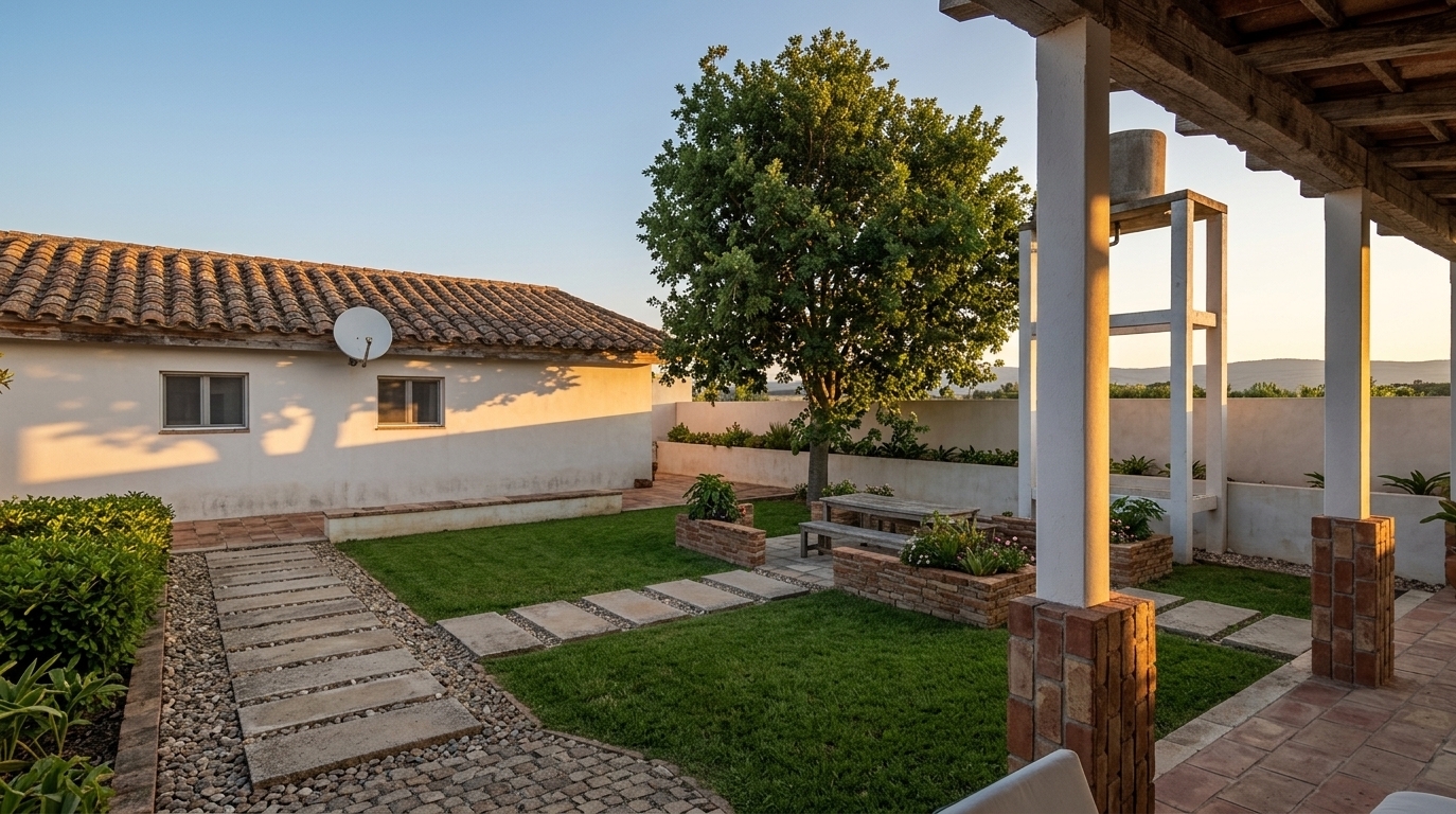 An incredibly lifelike, richly detailed, photorealistic wide-angle landscape photo of a lush backyard garden set in a rustic Mediterranean retreat. The scene is illuminated by the golden, long-shadowed glow of a summer sunset, creating a relaxed, sun-drenched, and inviting atmosphere. Captured with a high-end DSLR camera using a 24mm wide-angle lens, emphasizing the rich textures of the aged terracotta roof tiles, rough-hewn stone pathway pavers, and leafy green foliage. Leading through a manicured lawn, the gravel-lined pathways guide the eye past raised stone planters filled with regional outdoor plants toward a simple charcoal dining set. White-washed veranda pillars clad in earthy reddish-brown brick support a rustic wooden roof structure, framing a timeless color palette of terracotta, warm neutrals, and soft coastal blues under a clear twilight sky. This picturesque, cozy courtyard embodies a casual, earthy comfort perfect for a Mediterranean landscape photography book.