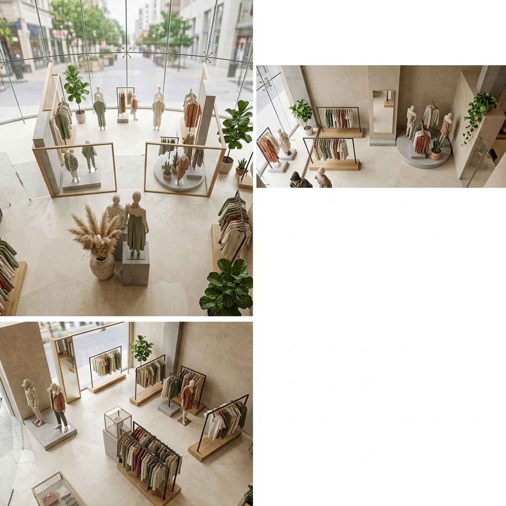 ### Variation 1: Bright Daytime
An incredibly lifelike, richly detailed, photorealistic high-angle interior shot of a modern boutique clothing store designed as a chic bohemian oasis, set in an upscale urban shopping district. The scene is illuminated by soft, diffused natural daylight flooding through massive curved floor-to-ceiling glass storefront windows, creating a bright, airy, and inviting atmosphere. Captured with a 24mm tilt-shift lens, emphasizing the organic textures of raw cream-colored microcement floors, sand-textured plaster walls, and natural light oak clothing racks, the space feels deeply grounded. Minimalist black-metal and raw timber clothing hangers support a meticulously curated selection of linen and organic cotton apparel in soft earthy tones. Potted pampas grass and tall fiddle-leaf figs are placed strategically next to the concrete display pedestals, softening the structural lines of the interior. Elegant mannequins stand on circular concrete platforms, showcasing fluid, bohemian silhouettes that cast soft, subtle shadows across the pristine retail floor.

### Variation 2: Golden Hour
An incredibly lifelike, richly detailed, photorealistic eye-level perspective of a stylish retail clothing boutique designed as a warm bohemian oasis, set in a bustling avenue during the late afternoon. The scene is illuminated by the low-angled, amber rays of golden hour sunlight cutting through the curving glass facade, creating a warm, nostalgic, and deeply serene atmosphere. Captured with a professional 35mm medium-format camera, emphasizing long dramatic shadows, the rich grain of reclaimed wood displays, and glowing warm-white interior track lights that are just starting to turn on, the view highlights a rich interplay of light and shade. The honey-colored sunlight washes over textured, beige-plaster back walls and catches the delicate fibers of woven rattan decor accents. Mannequins on raised podiums are beautifully backlit, their shadows stretching elegantly across the polished floor toward parallel clothing racks, while the curved exterior glazing reflects the soft, gradient colors of the dusk sky.

### Variation 3: Nighttime
An incredibly lifelike, richly detailed, photorealistic dramatic nighttime interior shot of a high-end apparel store styled as a moody bohemian oasis, set in an active downtown district. The scene is illuminated by sophisticated warm-LED track lighting, narrow-beam spotlights on key clothing displays, and concealed floor-level accent lighting casting a soft glow upward along the textured concrete walls, creating an intimate, cinematic, and luxurious atmosphere. Captured with a 50mm prime lens, emphasizing high-contrast shadows, rich metallic textures of dark-bronze hanging rods, and crisp reflections on the curved exterior glass, the space is transformed into an inviting beacon. Through the dark, pristine glass facade, the store glows with a cozy, welcoming warmth. The curated garment collections on rectangular pedestal bases are dynamically lit, casting sharp silhouettes, while the mannequins stand as artistic sculptures against the dark-gray textured backing walls, highlighted by precise retail accent lighting that makes the boutique pop against the dark city exterior.