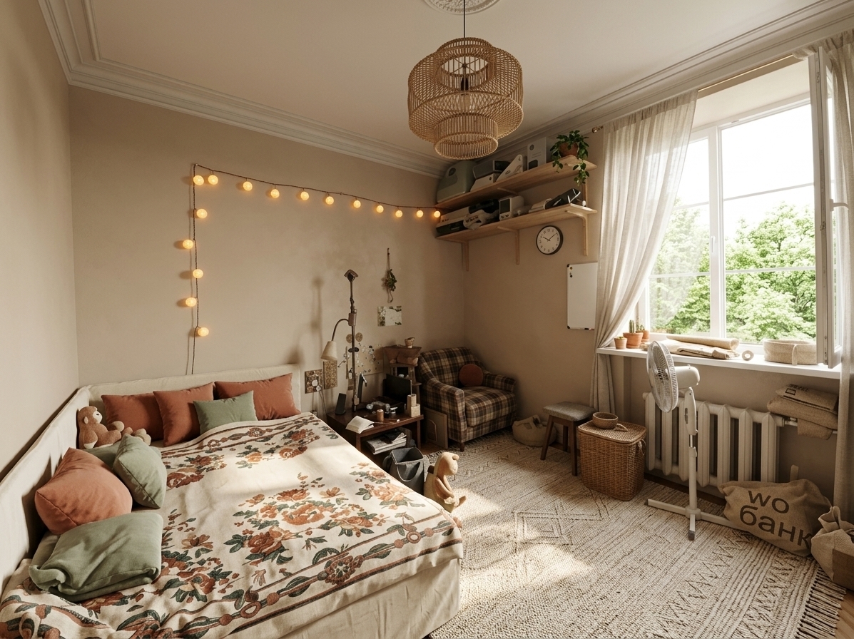 An incredibly lifelike, richly detailed, photorealistic wide-angle interior photo of a bohemian oasis bedroom set in a cozy, elevated urban apartment. The scene is illuminated by bright, warm midday summer sunlight streaming through a large, freshly painted white window, creating a serene, airy, and inviting atmosphere. Captured with a 24mm wide-angle lens, emphasizing the rich textures of natural fabrics, woven fibers, and soft, warm wood. 

In this reimagined layout, the cluttered walls are replaced with a calming, matte warm-beige plaster finish that highlights the original ceiling crown molding. In place of the old bed sits a stylish, compact bohemian daybed-style sofa upholstered in a soft cream-colored linen, decorated with plush clay-terracotta and sage-green throw pillows. Underfoot, a gorgeous, thick woven textured carpet with subtle geometric tribal patterns completely transforms the floor, adding immediate warmth and comfort. Framed by the bright open window, beautiful, flowing semi-sheer linen curtains drape elegantly to the floor, gently billowing in a soft summer breeze and filtering the view of lush green treetops outside. Hanging gracefully from the center of the ceiling is a stunning, intricate rattan chandelier that adds a touch of natural artistry. The space is completed by healthy potted plants, minimalist wooden shelving, and a neat, harmonious composition that turns the room into a tranquil, light-filled sanctuary.