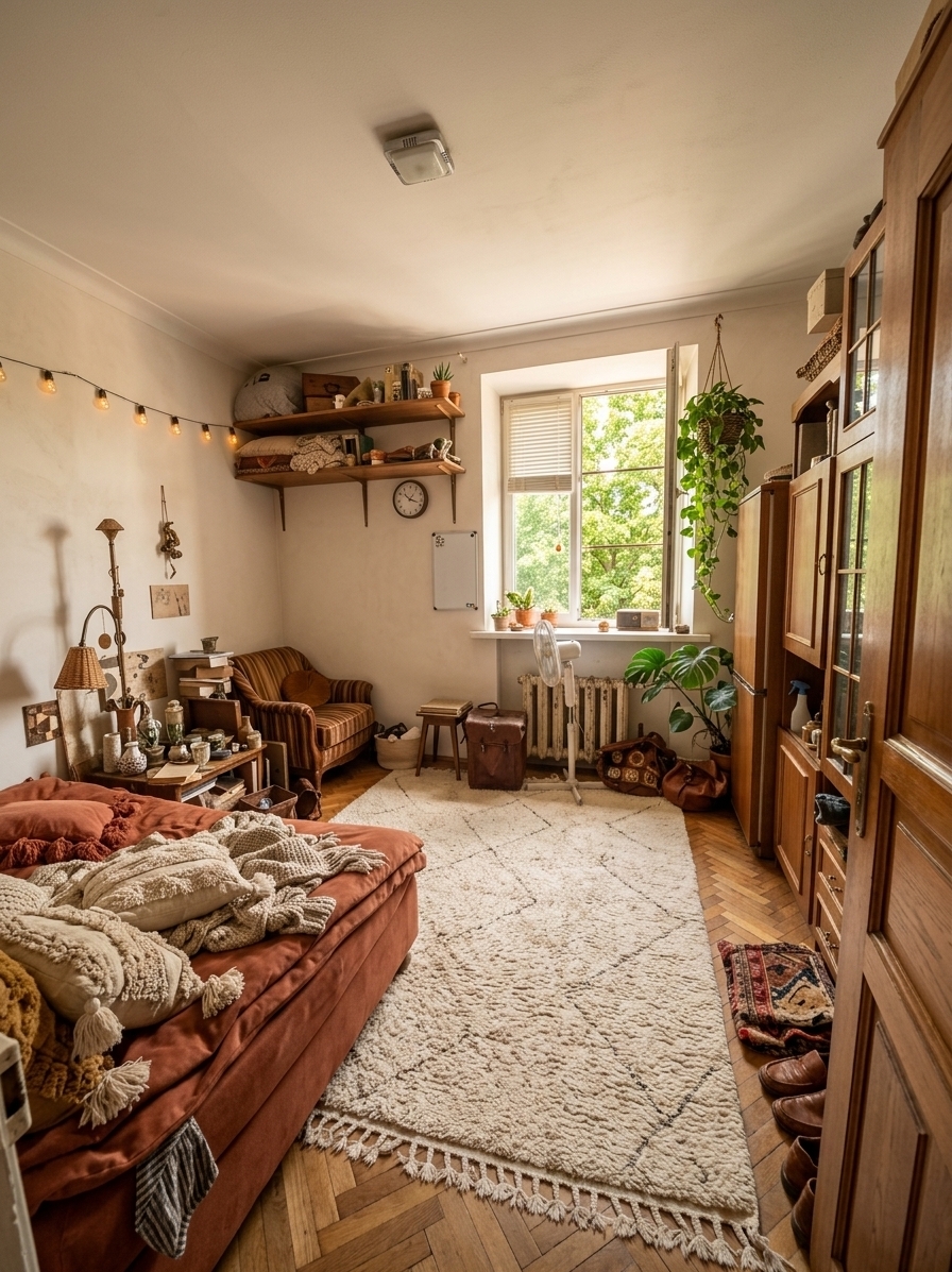 An incredibly lifelike, richly detailed, photorealistic wide-angle interior shot of a transformed bohemian oasis living room set in a bright, midcentury apartment. The scene is illuminated by warm, golden midday summer sunlight streaming through the central window, creating a serene and inviting atmosphere. Captured with a professional 24mm wide-angle lens, emphasizing the rich textures of woven fabrics, plush textiles, and clean, natural surfaces...

The room has been completely decluttered, with all wall shelves, stray bags, and chaotic items removed to create an open, airy flow. The walls are finished in a fresh, soft-textured plaster shade of warm off-white, reflecting the bright summer light beautifully. Elegant, sweeping floor-to-ceiling cream linen curtains now frame the window, softening the exterior view of lush green trees. In place of the bed, a luxurious, deep-seated soft sofa in a warm terracotta tone serves as the room’s cozy focal point, piled high with tasseled bohemian cushions and knit throws. The old wood floor is covered by a premium, thick-pile cream Moroccan area rug featuring subtle geometric patterns. Vibrant green potted plants, including a thriving monstera and a trailing ivy basket, breathe life into the corners, completing this peaceful and stylish bohemian sanctuary.