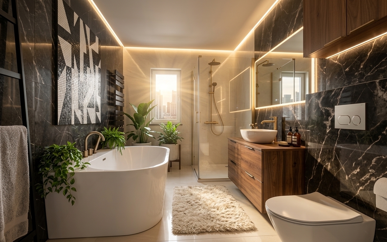 An incredibly lifelike, richly detailed, photorealistic interior photo of a luxurious hotel bathroom set in a high-end boutique suite. The scene is illuminated by the soft, golden rays of sunrise streaming through a central window alongside warm LED cove lighting tracing the ceiling, creating a serene, contemporary elegance atmosphere. Captured with a professional wide-angle lens, emphasizing the rich interplay of matte, polished, and structured surfaces, the space features a stunning light ivory lapatto-finished tiled floor (jasna podłoga ivory lapatto) that reflects the morning glow with a subtle, semi-polished sheen. On the left, vertical lamellar porcelain tiles (gres lamelowy przy wieszaku na ręczniki) run behind a minimalist black towel rack, adding a refined architectural texture next to a freestanding white soaking tub. Above the tub, a bold black-and-white geometric art piece stands out against the dark, dramatic marble wall tiling with elegant white veining. Lush, vibrant green plants—including a cascading fern and a potted broad-leaf plant near the window—breathe life into the space. To the right, a floating wood vanity crafted from rich, warm walnut timber hosts a round white vessel sink with a brushed-gold faucet, mirrored by a pair of large, backlit LED mirrors that expand the sense of luxury. In the background, a seamless glass walk-in shower with gold hardware and a modern, wall-hung white toilet complete this impeccably designed, tranquil modern sanctuary.