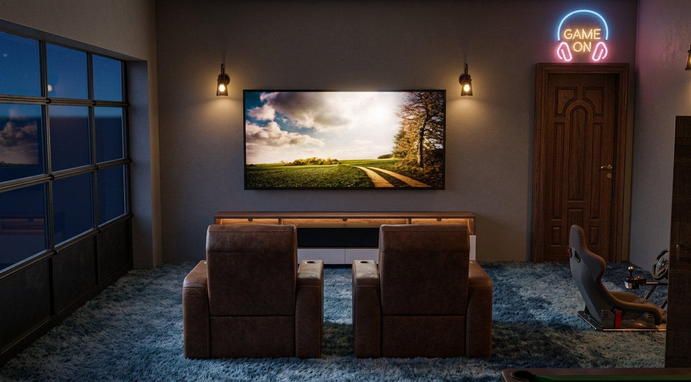 A photorealistic wide-angle interior photograph of a modern home entertainment room at night, maintaining the exact layout and perspective. The scene is warmly illuminated by the atmospheric glow of two black wall sconces casting soft, yellow-toned cones of light down the matte grey walls on either side of a large flat-screen television. The TV is turned on, its bright display casting a soft, cool ambient light over two plush reclining armchairs upholstered in dark brown leather with natural creasing and a subtle satin sheen. Above the rich, dark-grain wood door on the right, a neon headphone sign glows in vibrant pink and blue, casting colorful highlights on the doorframe and the black racing simulator seat nearby. The floor is covered in a dense, plush carpet with a textured blue-gray pile. To the left, a large grid-patterned window looks out into a dark, deep-indigo night sky, its black-framed glass panes showing soft, realistic reflections of the interior lights. The image is captured with a high-end DSLR, featuring a balanced exposure that handles the high-contrast light sources, crisp textures on the woods and fabrics, and a faint, natural digital grain that enhances its authentic, photographic quality.