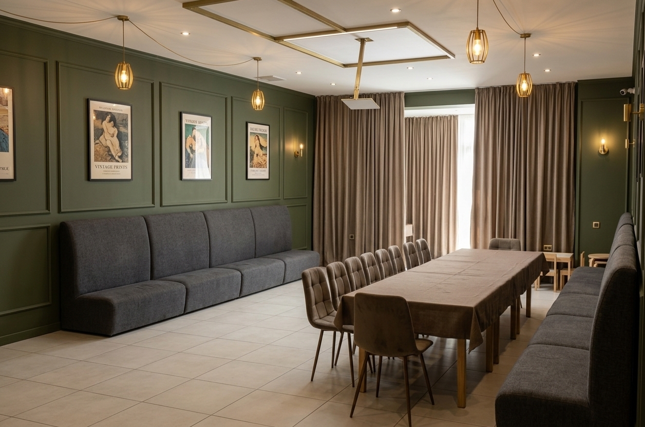 An incredibly lifelike, richly detailed, photorealistic wide-angle interior shot of a reimagined small banquet hall set in a contemporary private event space. The scene is illuminated by soft, warm midday light filtering through elegant curtains, combined with the golden glow of stylish new lighting fixtures, creating a sophisticated and welcoming atmosphere. Captured with a 24mm tilt-shift lens, emphasizing the rich texture of the matte olive-green walls, the polished brass fixtures, and the clean lines of the classic wall moldings. 

The space retains its practical layout while elevating its design to contemporary elegance, making it perfect for both dining and children's entertainment. The walls are painted a deep, refined olive green, with the existing wall moldings framing elegant brass-finished wall sconces and curated framed art posters that add cultural depth. Along the sides, the original charcoal-grey high-back banquettes and plush dining chairs remain, now looking elevated against the richer wall color. On the far wall, luxurious, heavy floor-to-ceiling drapes in a warm taupe fabric add texture and visual warmth. Overhead, the ceiling is cleaned up with minimalist recessed spotlights and a series of matching modern brass pendant lights that cast an even, inviting light over the long dining table. The spacious tiled floor in the foreground remains open and inviting, providing a perfect, uncluttered zone for children to play freely with animators while adults dine in a harmonious, beautifully balanced environment.