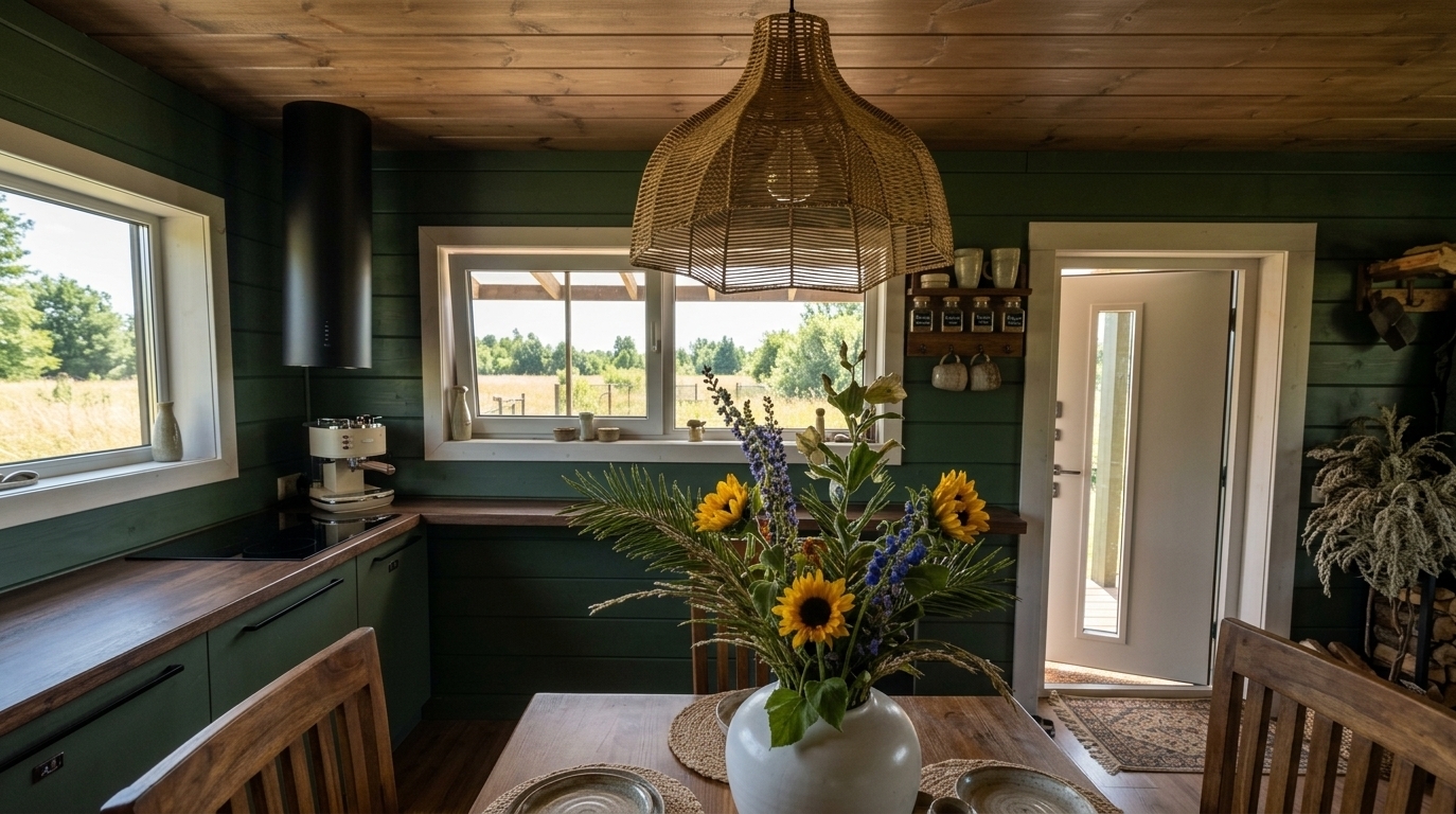 An incredibly lifelike, richly detailed, photorealistic wide-angle interior shot of a bohemian oasis kitchen set in a cozy, rustic cabin during summer. The scene is illuminated by bright, natural midday sunlight streaming through the windows, creating a warm, airy, and inviting atmosphere. Captured with a 35mm f/1.8 lens, emphasizing the intricate woven texture of the oversized rattan pendant light, the deep grain of the solid wood countertops, and the vibrant colors of the decor. 

In this reimagined bohemian space, the deep forest-green plank walls contrast beautifully with the warm, dark timber of the countertops. The kitchen workspace is enhanced with premium appliances, featuring a sleek, integrated black glass induction cooktop directly beneath the minimalist matte-black cylindrical extractor hood. Nearby, a high-end retro espresso machine in cream and chrome sits alongside a selection of artisanal stoneware mugs. The wooden dining table in the foreground holds a large, round white ceramic vase bursting with a lush arrangement of bright yellow sunflowers, field grass, and delicate summer wildflowers. Handcrafted ceramic plates, linen napkins, and woven jute placemats are meticulously arranged, ready for a summer lunch. Through the wide, clean window frames, a view of sun-baked meadows and lush greenery completes this harmonious, naturally balanced retreat where modern utility seamlessly blends with organic, cozy bohemian charm.