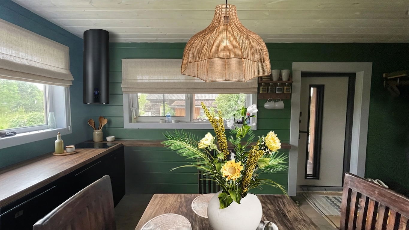 A high-resolution photograph of a cozy rustic kitchen interior, maintaining the exact camera angle, composition, and structural layout of the reference image, rendered with ultra-realistic lighting and rich material textures. Sunlight diffuses naturally through the dual windows, which are neatly fitted with soft fabric Roman blinds rolled at the top, allowing a crisp and clear view of the lush green countryside and wooden structures outside. The dark timber kitchen countertop features a sleek black cylindrical range hood above the cooktop, elegantly accessorized with realistic cooking utensils, a small wooden cutting board, and glass condiment bottles resting nearby. The horizontal green and teal paneled wood walls exhibit subtle grain, faint seams, and a realistic matte finish. Above the dark wooden dining table, a woven rattan pendant shade reveals intricate fiber micro-textures and warmth. In the foreground, a smooth white ceramic vase holds a fresh bouquet of bright yellow sunflowers and lush green foliage with realistic petal surface detail and soft contact shadows. Shot on a 35mm interior lens at f/4, the image features authentic daylight illumination, delicate reflections on the window glass, slight natural lens vignetting, and fine photographic grain for a completely believable architectural photograph.