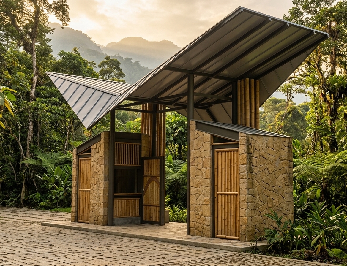 An incredibly lifelike, richly detailed, photorealistic low-angle exterior architectural photo of a modern gatehouse pavilion set in the lush, verdant mountain escape of the central Peruvian jungle. The scene is illuminated by soft, golden late-afternoon sunlight filtering through tropical foliage, creating a serene and welcoming atmosphere. Captured with a professional 35mm architectural lens, emphasizing the rich contrast between rugged stone, polished bamboo, and dark metal trim, the dual entrance structures feature textured walls beautifully clad in natural tan stone masonry. Vertical bamboo profiles adorn the doors and window screens, adding organic regional warmth to the design. A robust steel structure supports a dramatic, soaring butterfly canopy crowned with standing seam metal panels that catch subtle highlights from the sky. Set against a backdrop of an outdoor garden and misty tropical peaks, the paved driveway and crisp shadows give the entire entrance an inviting, upscale eco-resort aesthetic.