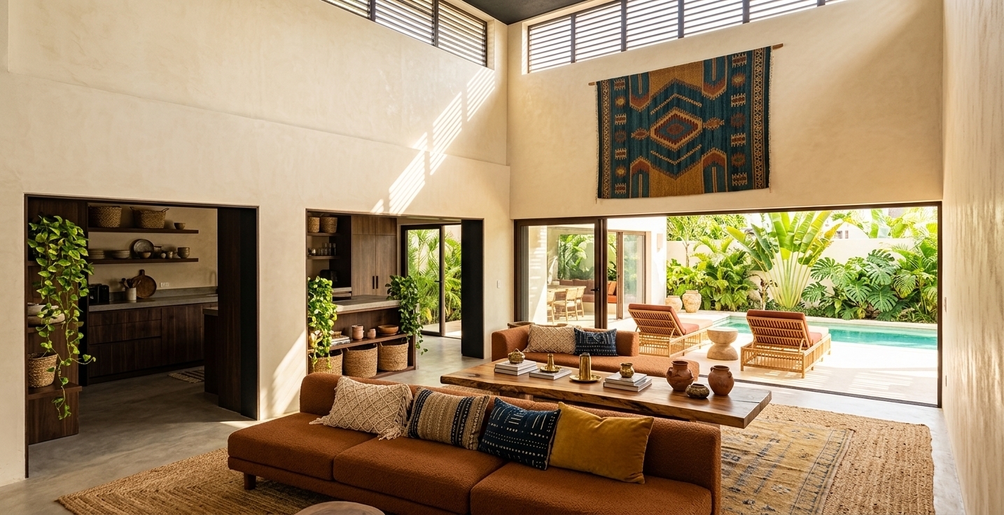 An incredibly lifelike, richly detailed, photorealistic wide-angle interior photograph of a sun-drenched, high-ceilinged open-concept living room and kitchen reimagined as a lush bohemian oasis set in a luxury coastal villa. The scene is illuminated by brilliant summer midday sunlight filtering through top clerestory louvers and wide-open floor-to-ceiling glass sliding doors, creating a warm, free-spirited, and relaxed atmosphere. Captured with a 24mm architectural tilt-shift lens at f/8, emphasizing tactile textile weaves, rich wood grains, dapples of golden light, and dynamic louvered geometric shadows stretching across microcement surfaces.

The original contemporary architecture is transformed into an eclectic, globally inspired sanctuary. The high plaster walls—finished in a soft, warm cream limewash—feature a magnificent, large-scale handcrafted woven textile tapestry displaying bold geometric patterns in deep teal, warm rust, and mustard yellow. Grounding the living zone, a expansive layered rug arrangement pairs a thick, braided jute mat with a vintage Moroccan Berber carpet featuring subtle ochre and indigo motifs. 

The central low-profile sofa is upholstered in a tactile warm rust bouclé, laden with an assortment of textured macrame, indigo mudcloth, and mustard velvet toss pillows. Adjacent to the seating area, a vintage Peacock rattan armchair cushioned in deep teal velvet invites relaxation, accompanied by a floor-standing brass lantern and a tall ceramic floor vase brimming with feathered, golden pampas grass plumes that catch the high midday light. In the center, a thick, live-edge slab coffee table is artfully styled with curated photography books, brass trinkets, and handcrafted terracotta pottery.

Transitioning seamlessly into the kitchen area, the minimalist dark walnut cabinetry is softened by open floating shelves displaying artisanal ceramics, woven seagrass baskets, and overflowing trailing pothos plants. Above the warm timber kitchen island, sleek modern barstools are replaced with sculpted rattan and iron stools featuring aged leather seats. 

The floor-to-ceiling glass doors slide fully open to expose a sunlit outdoor lounge and turquoise swimming pool surrounded by dense tropical foliage, including banana palms and lush monstera. Outside, matching rattan loungers with rust-colored cushions create a continuous flow between indoors and out. The overall composition achieves a perfect balance between architectural spaciousness and intimate, handcrafted richness, delivering a sophisticated yet lived-in bohemian sanctuary.